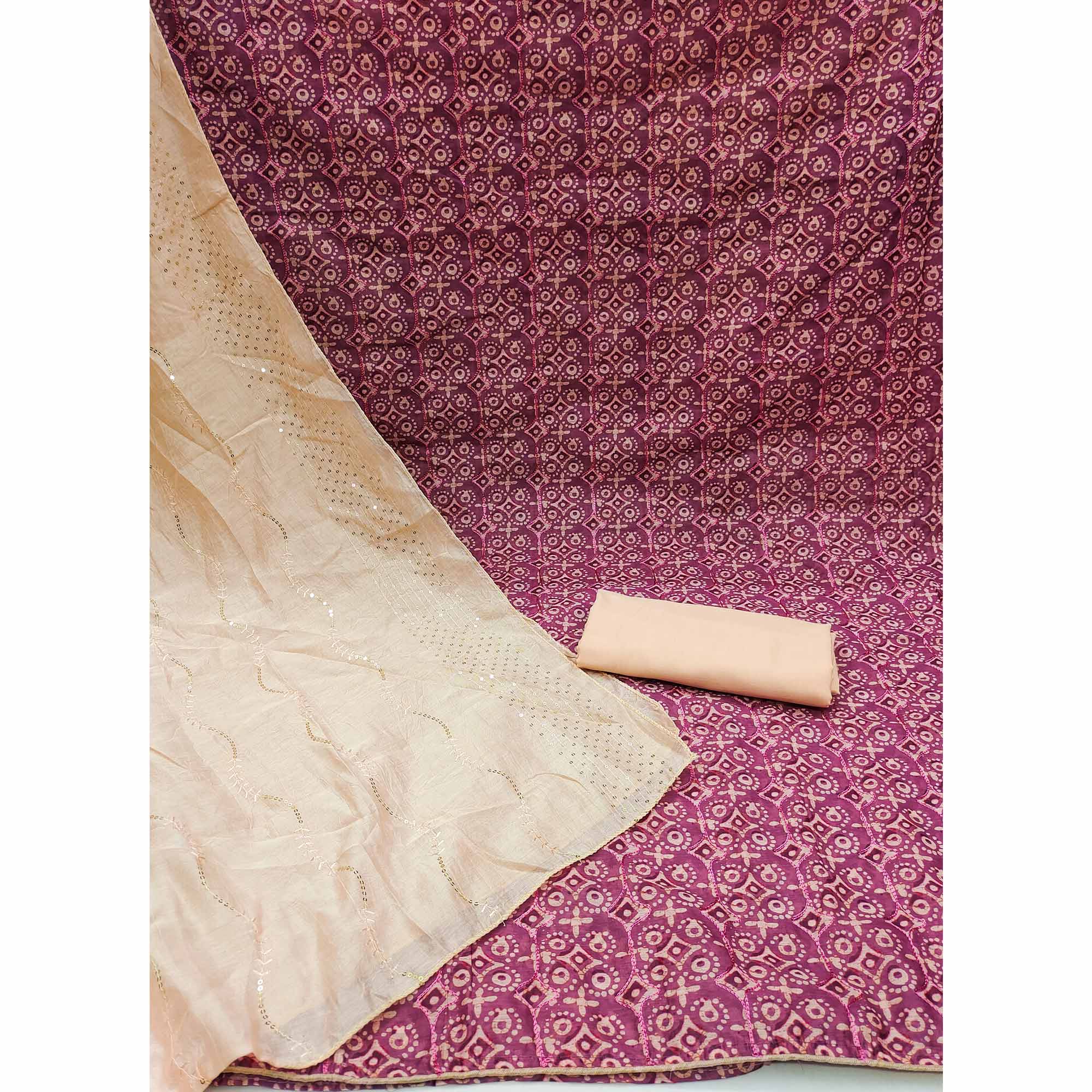 Purple Digital Printed With Embroidered Chanderi Dress Material