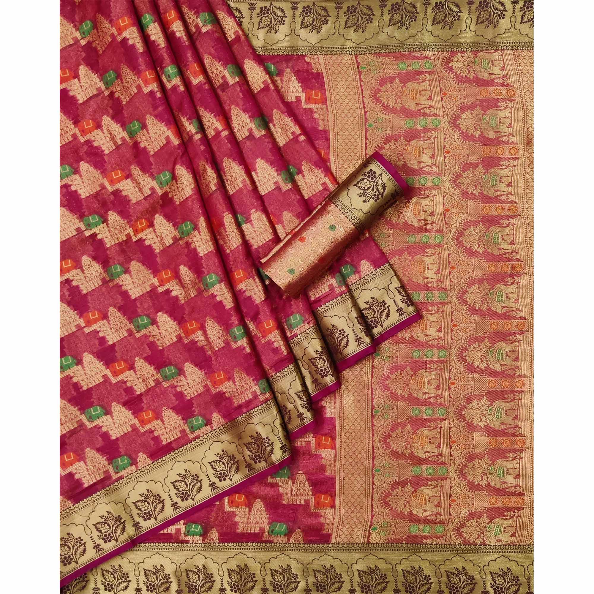 Rani Pink Woven Organza Saree