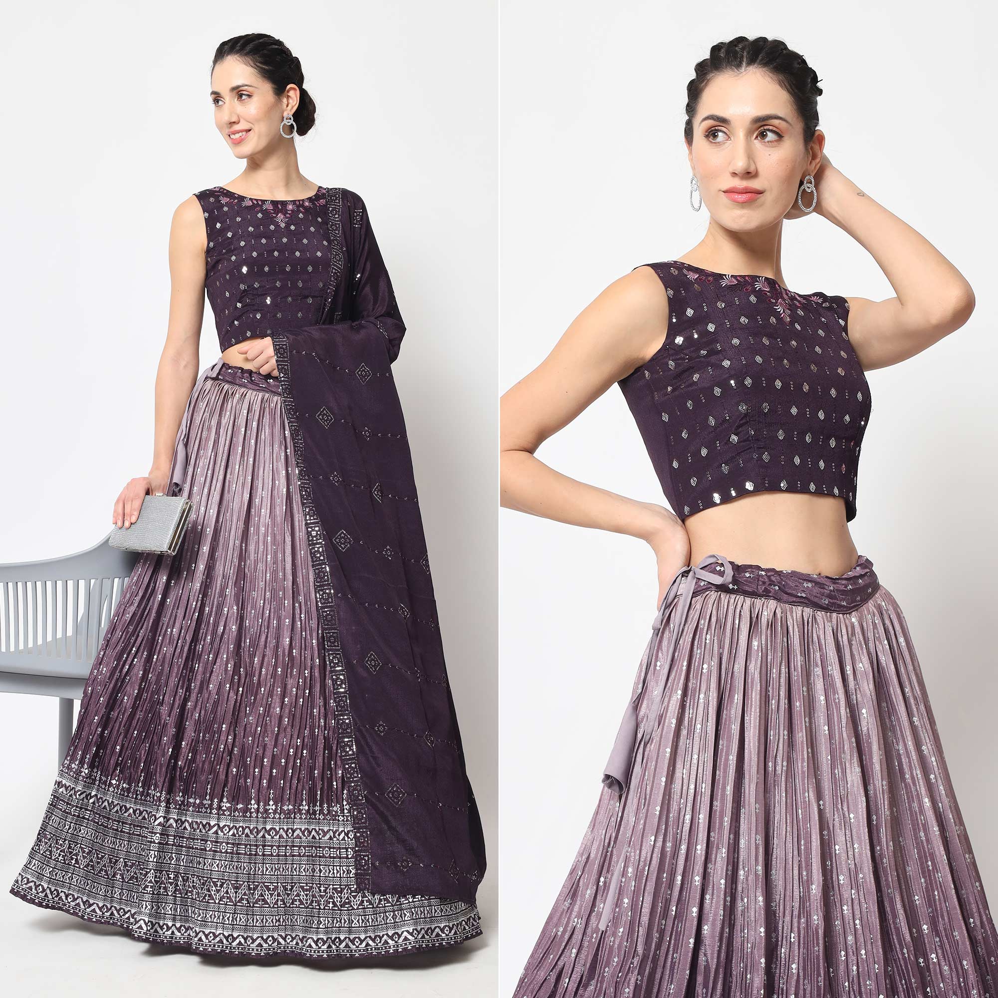 Violet Foil Printed Chiffon Lehenga Choli
