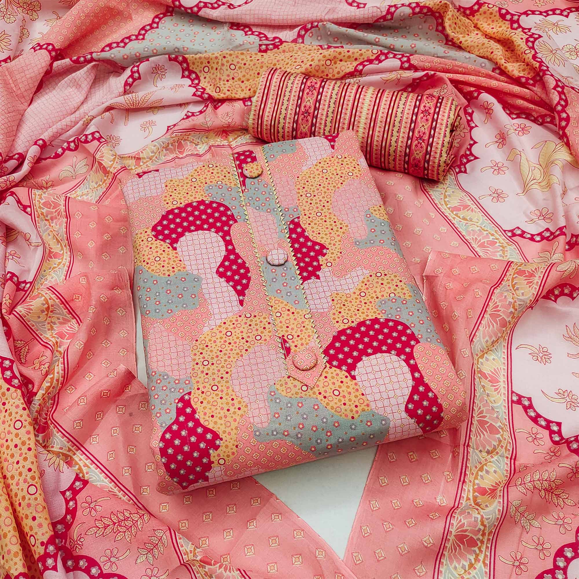 Peach Printed Cotton Blend Dress Material