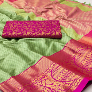 Pista Green Woven Cotton Silk Saree With Tassels