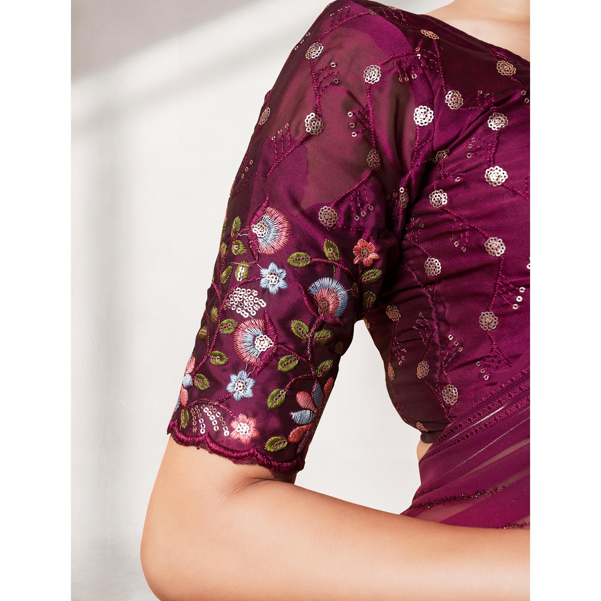 Wine Printed Wiht Embroidered Georgette Saree