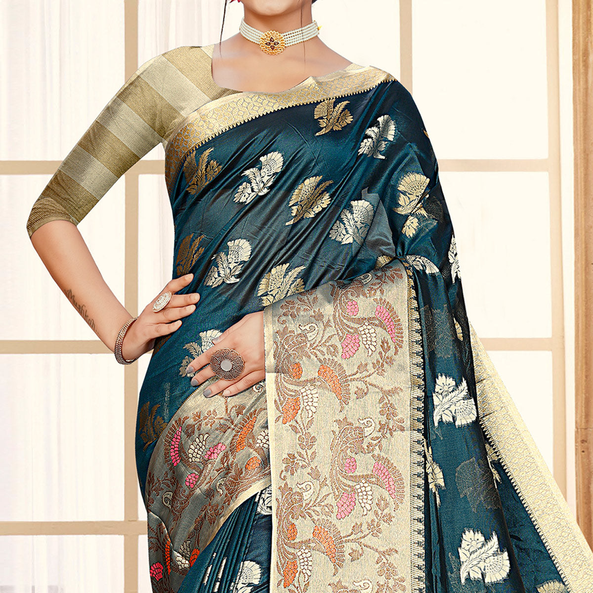 Teal Blue Floral Woven Organza Saree With Tassels