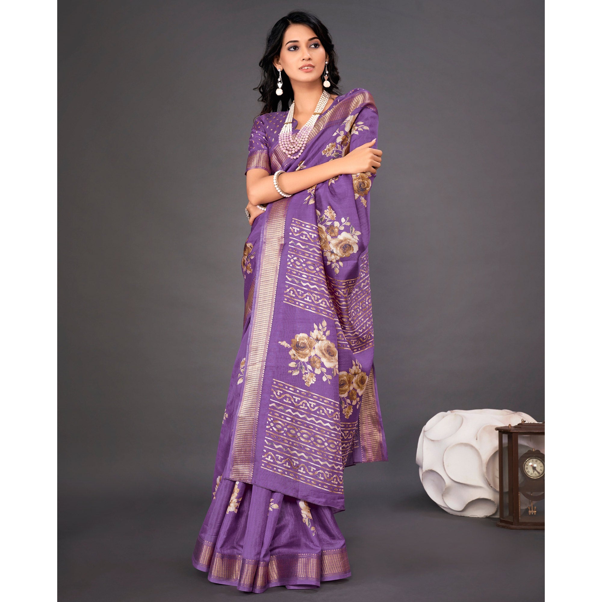 Violet Floral Printed Dola Silk Saree