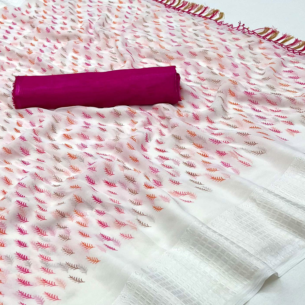 White Printed With Checks Border Georgette Saree
