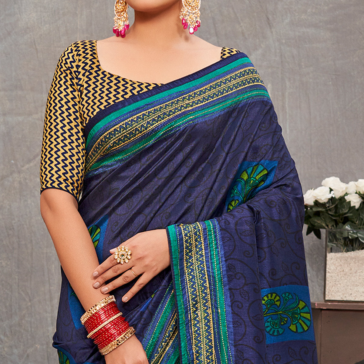 Blue Printed With Embroidery Tussar Silk Saree
