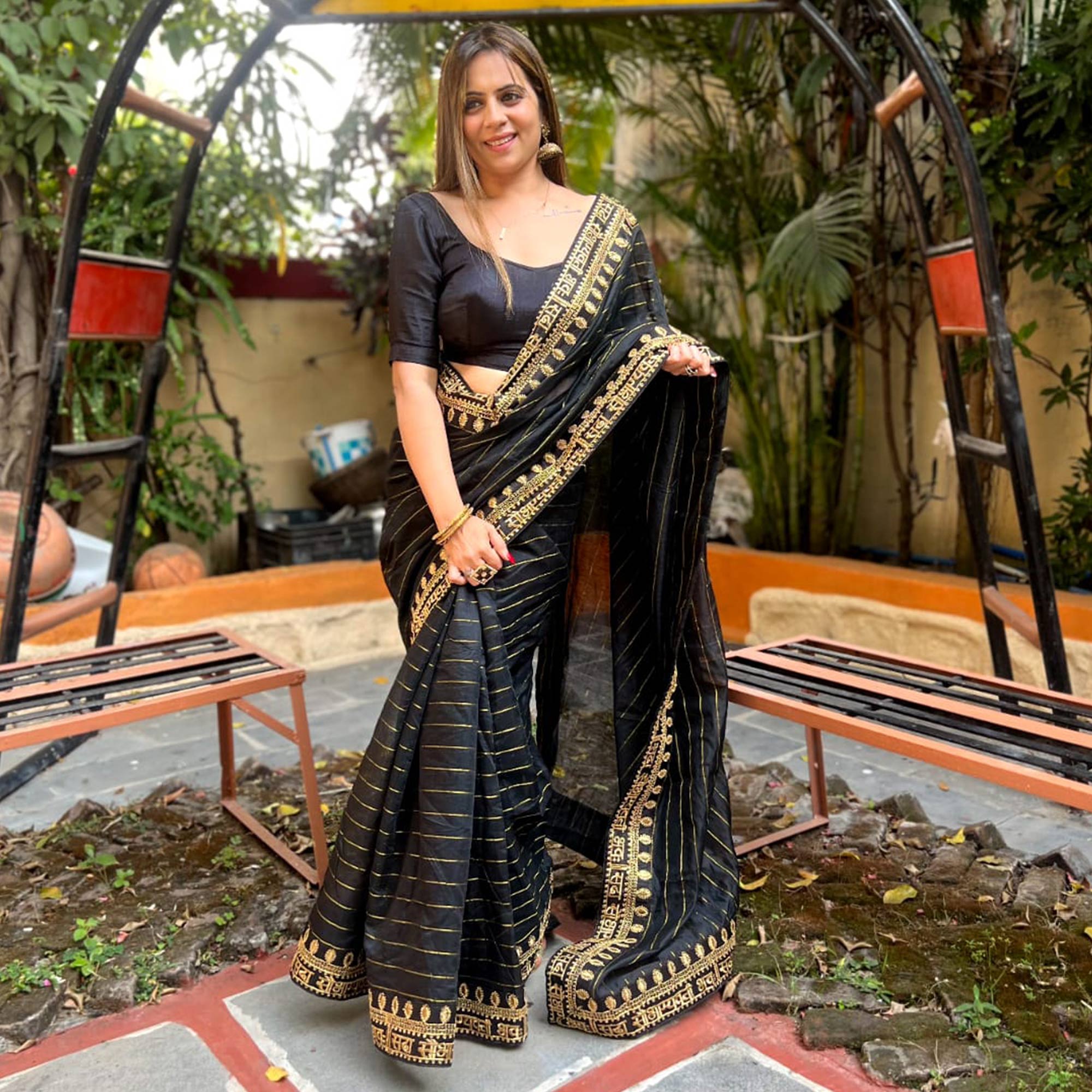 Black Striped With Embroidered Border Modal Saree