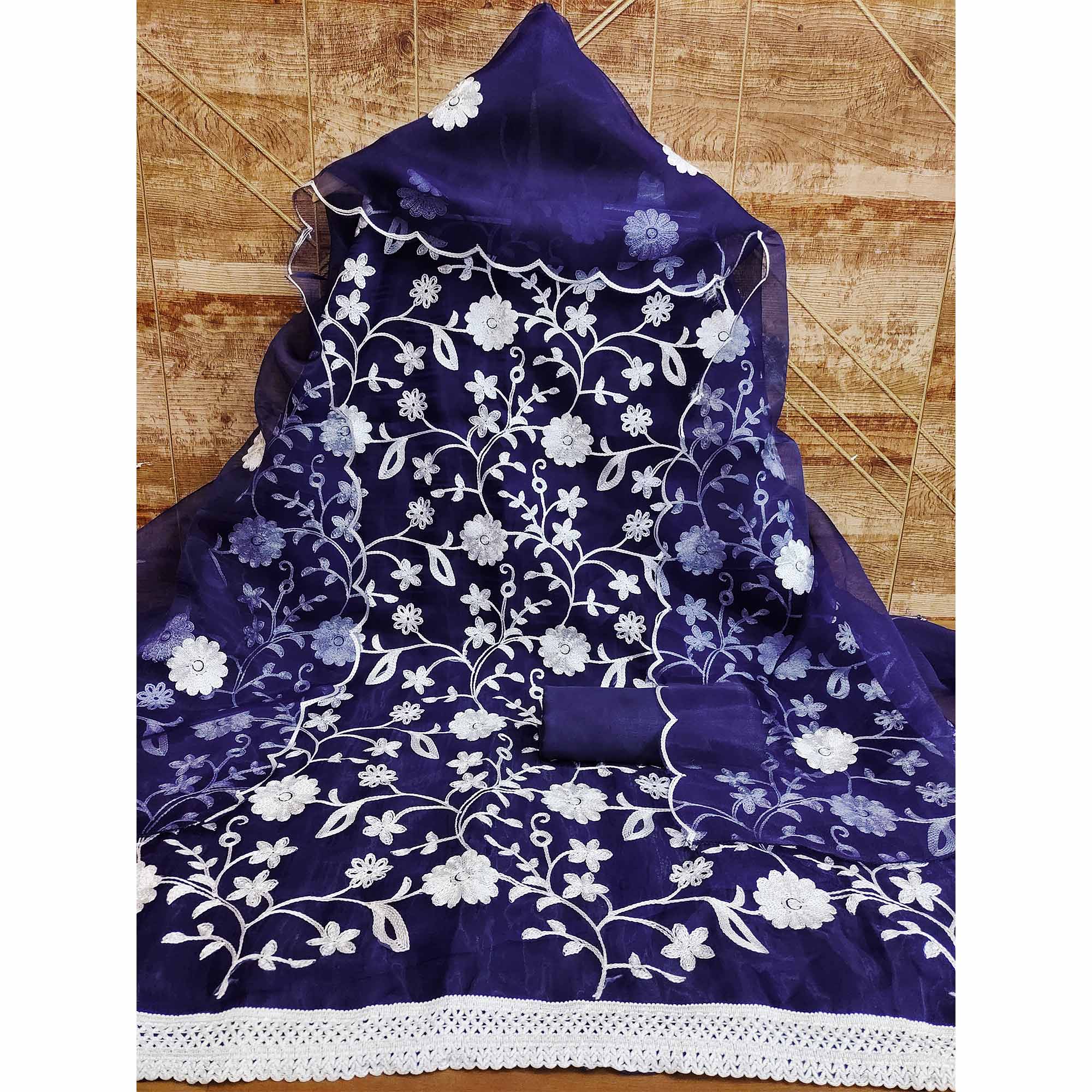 Blue Floral Embroidered Organza Dress Material