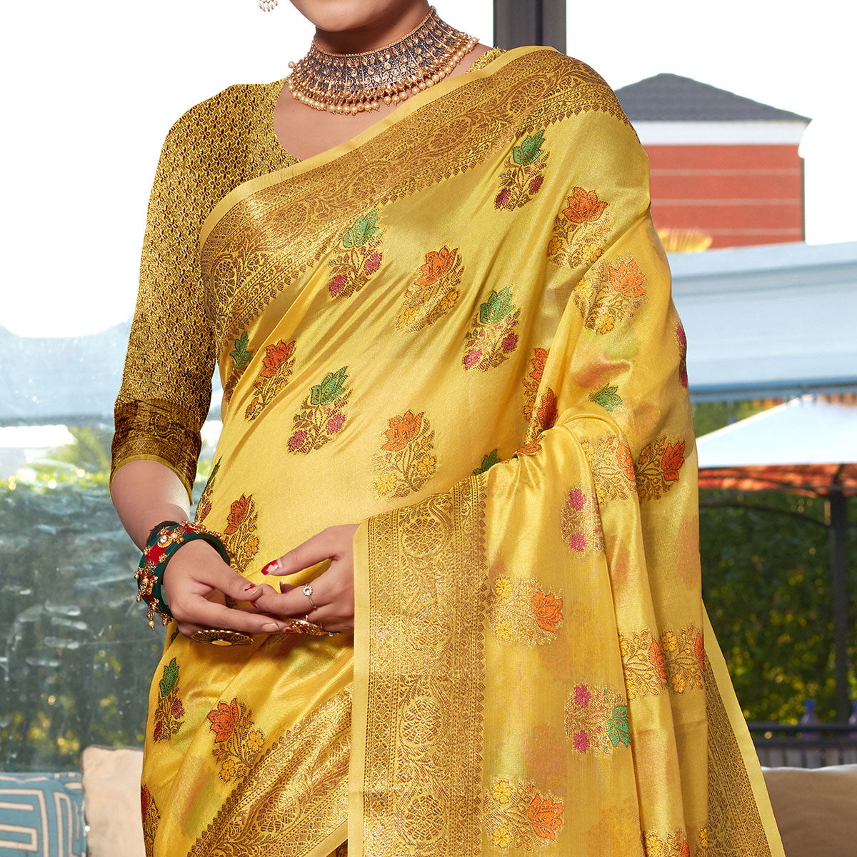 Yellow Floral Woven Organza Saree