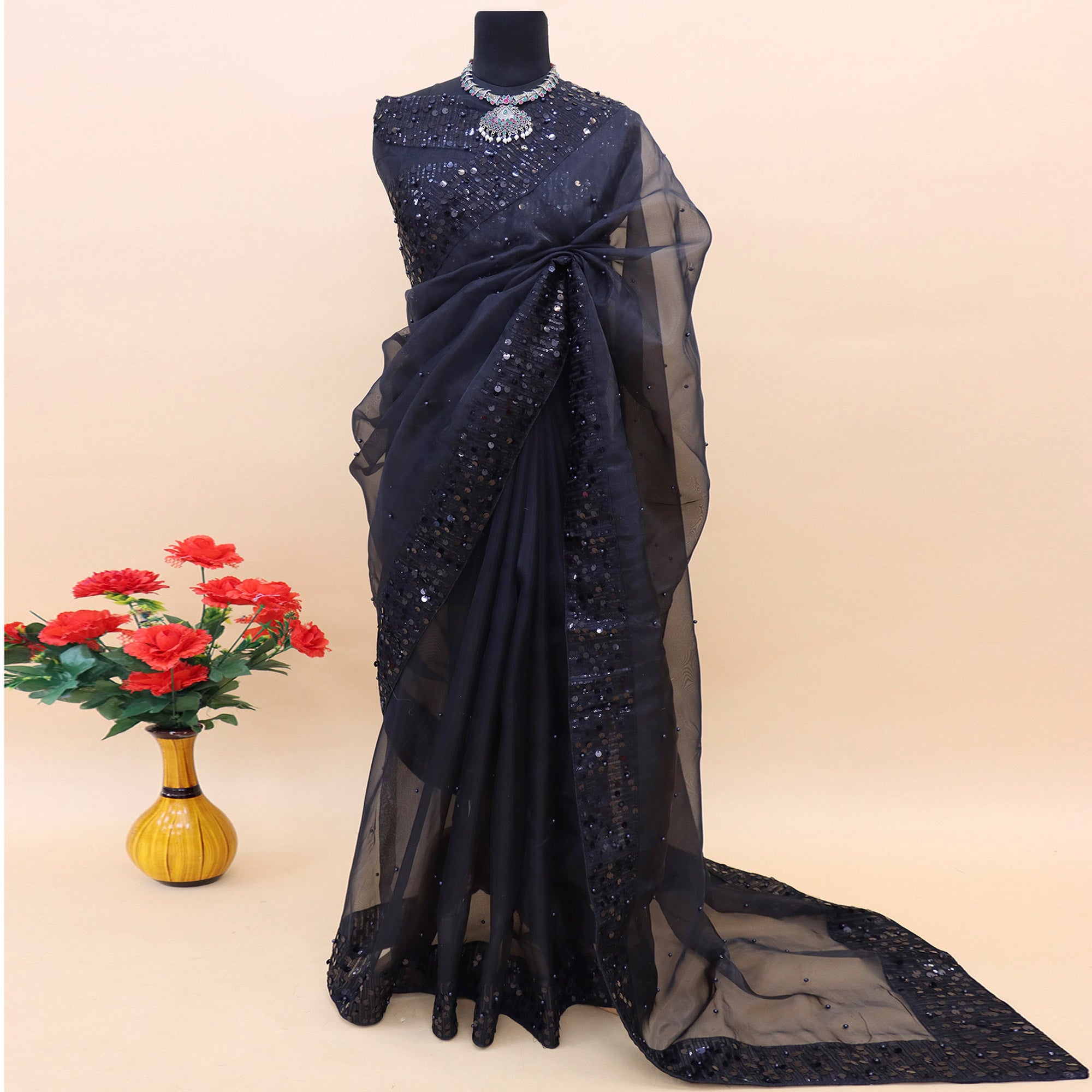 Black Sequins Embroidered Organza Saree