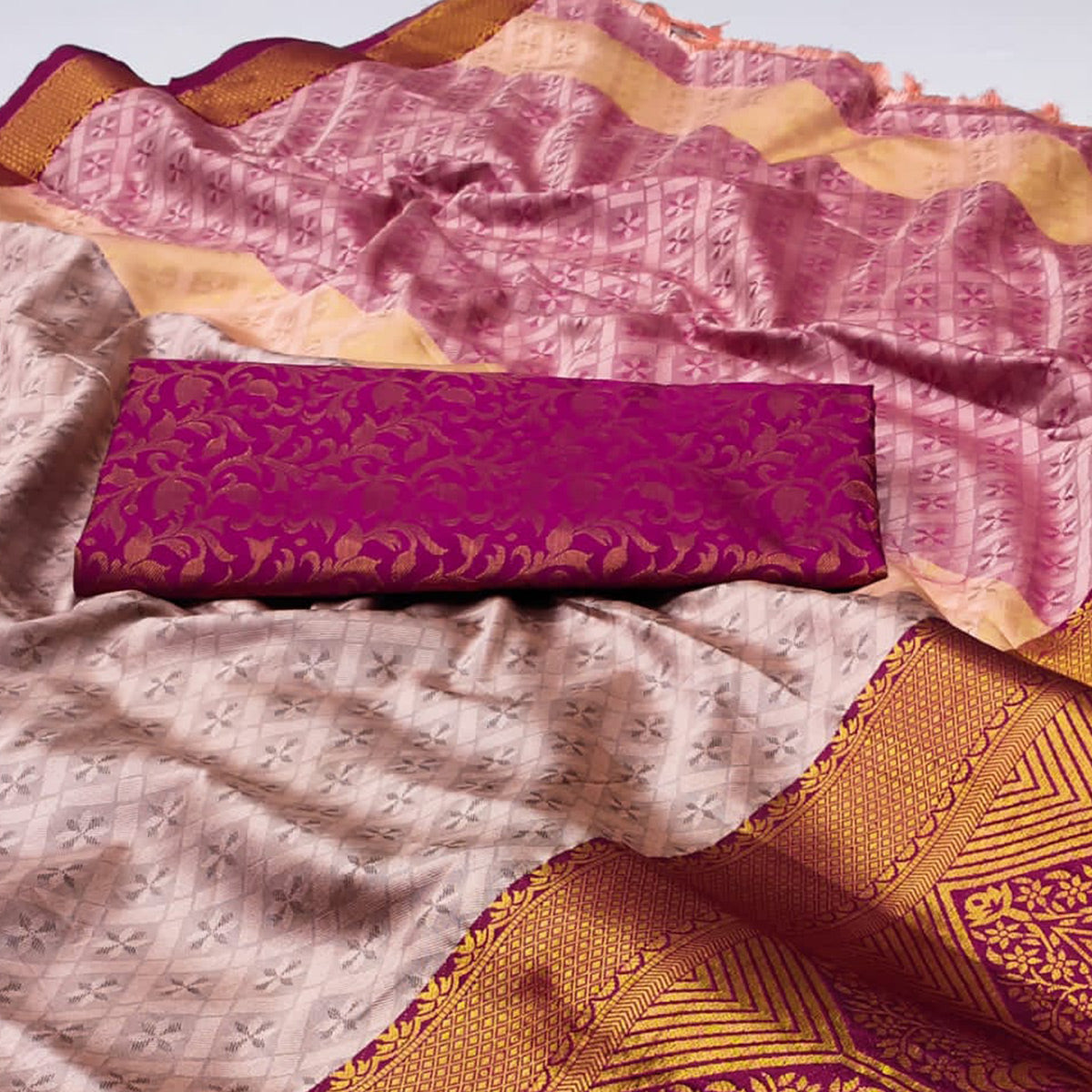 Baby Pink Woven Cotton Silk Saree With Tassels