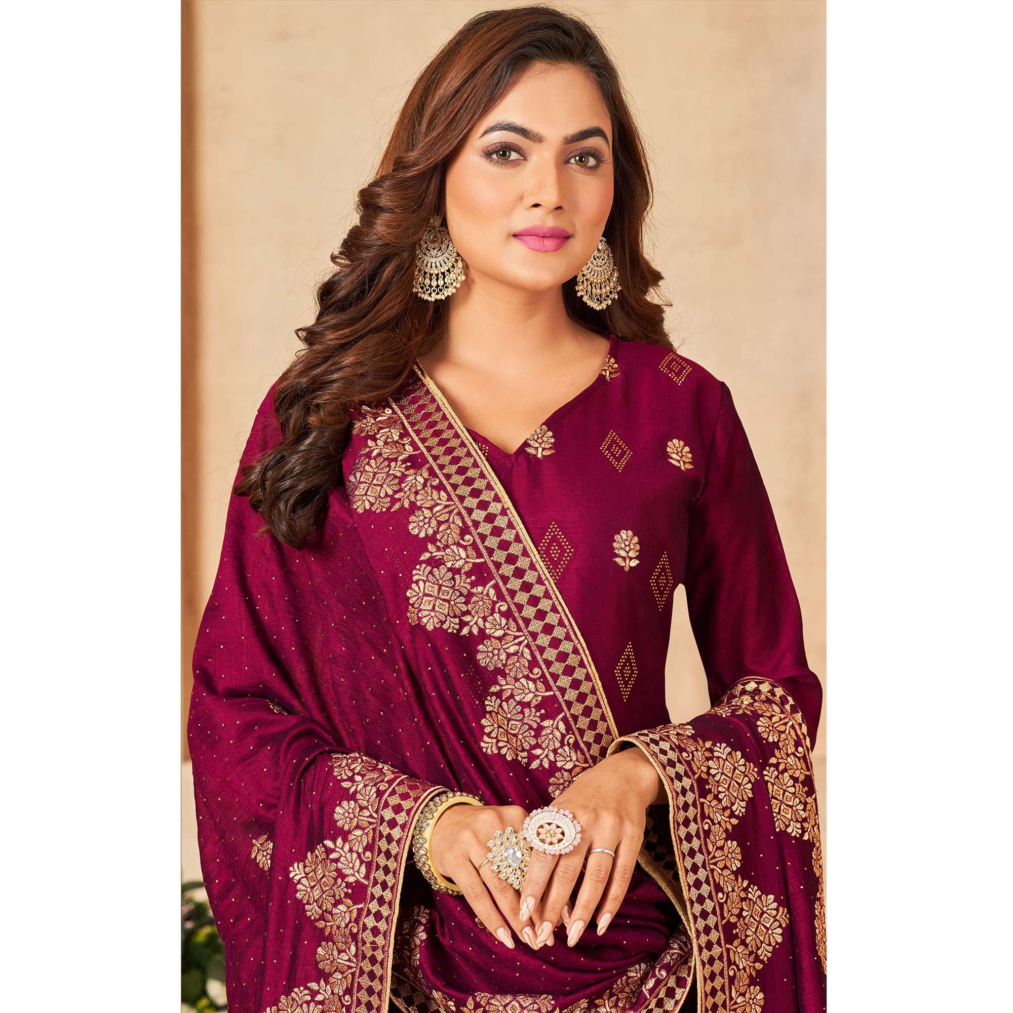 Magenta Pink Embroidered Vichitra Silk Suit