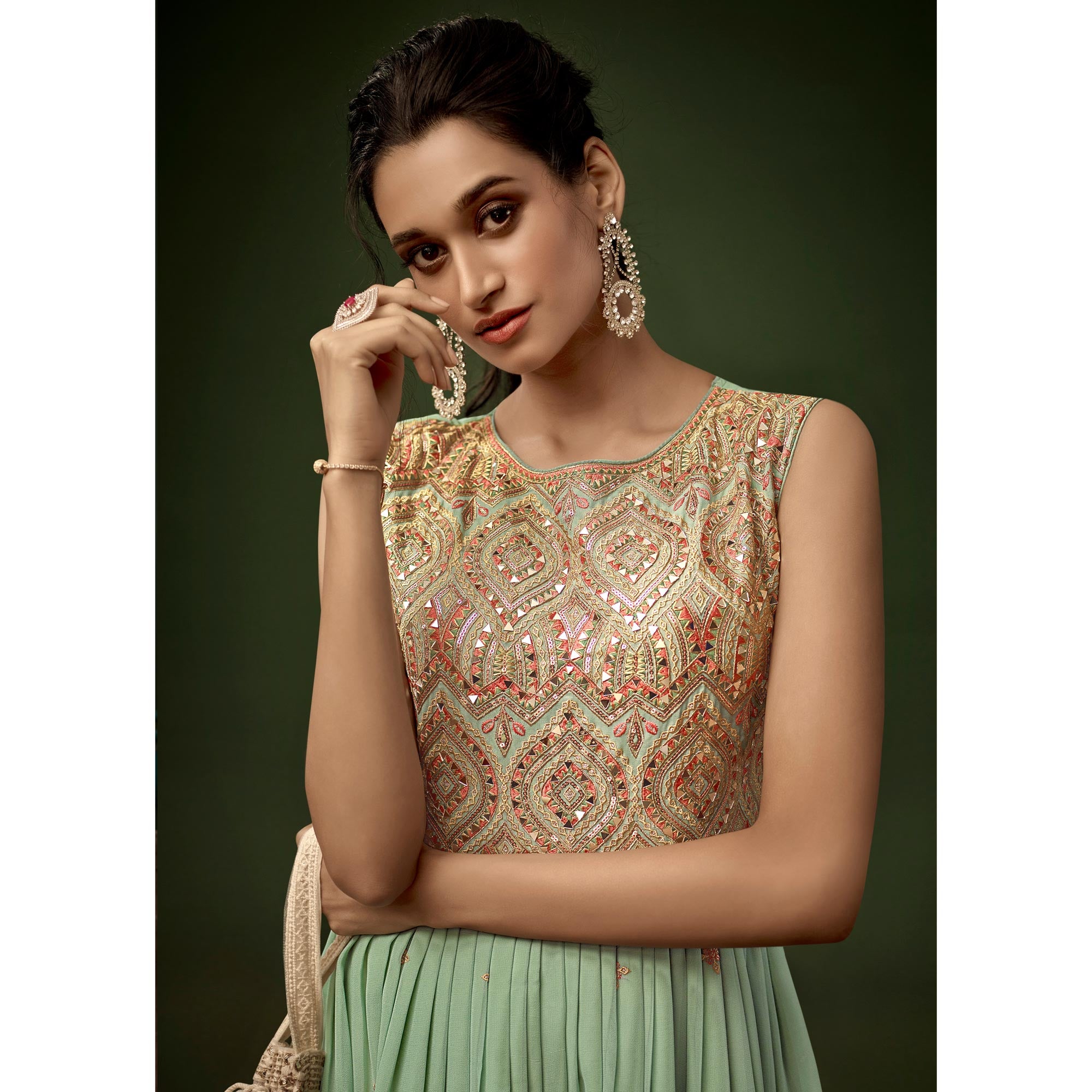 Pista Green Sequins With Mirror Embroidered Georgette Jumpsuit