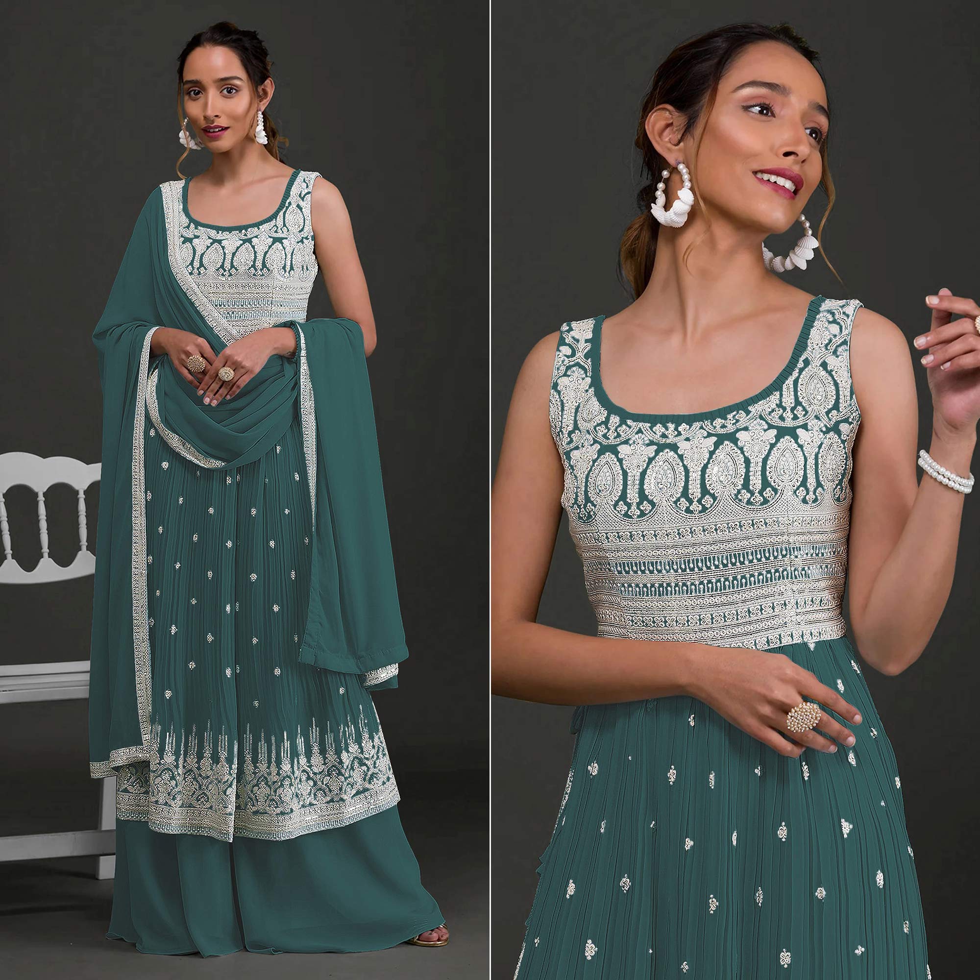 Rama Green Embroidered Georgette Naira Cut Semi Stitched Palazzo Suit