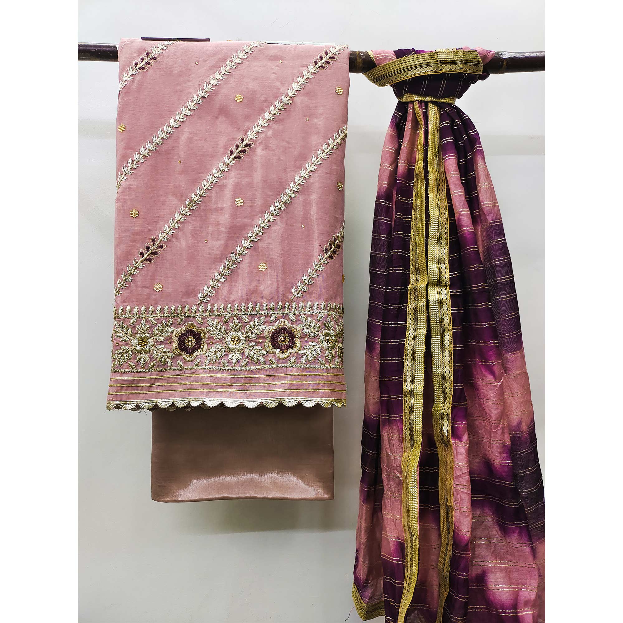 Pink Floral Embroidered Modal Dress Material