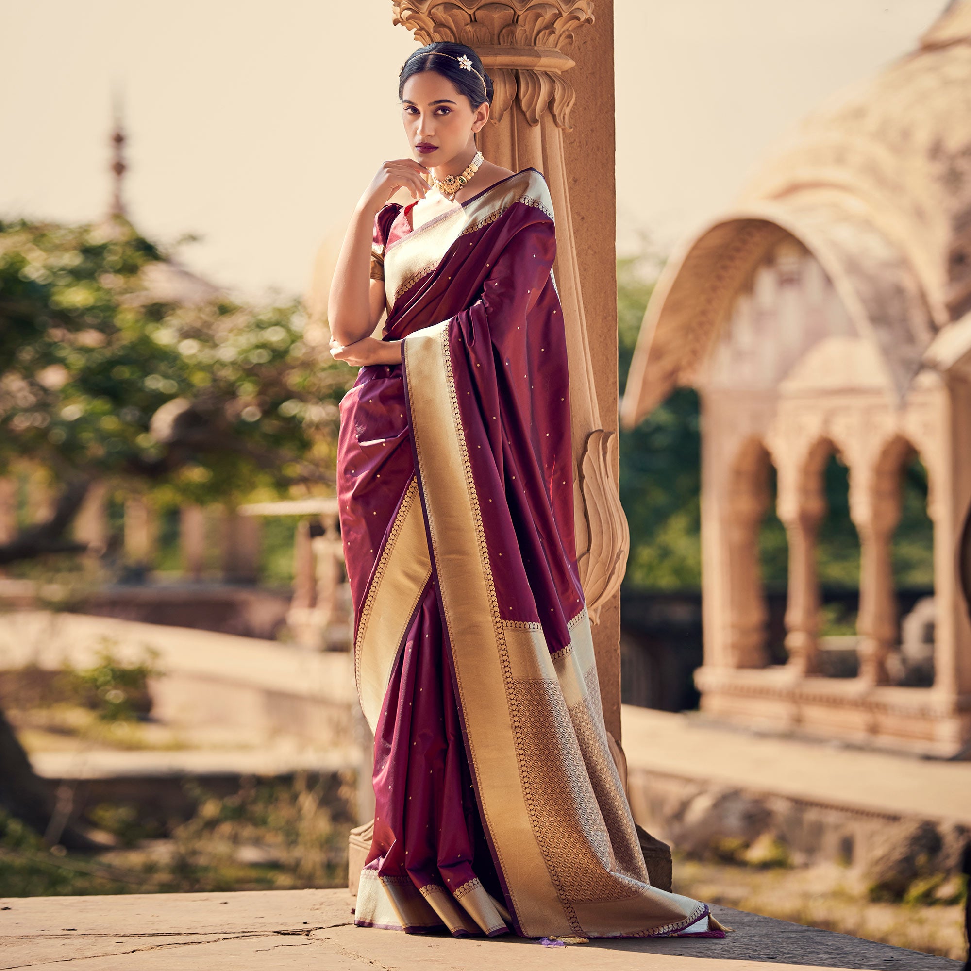 Maroon Woven Satin Saree