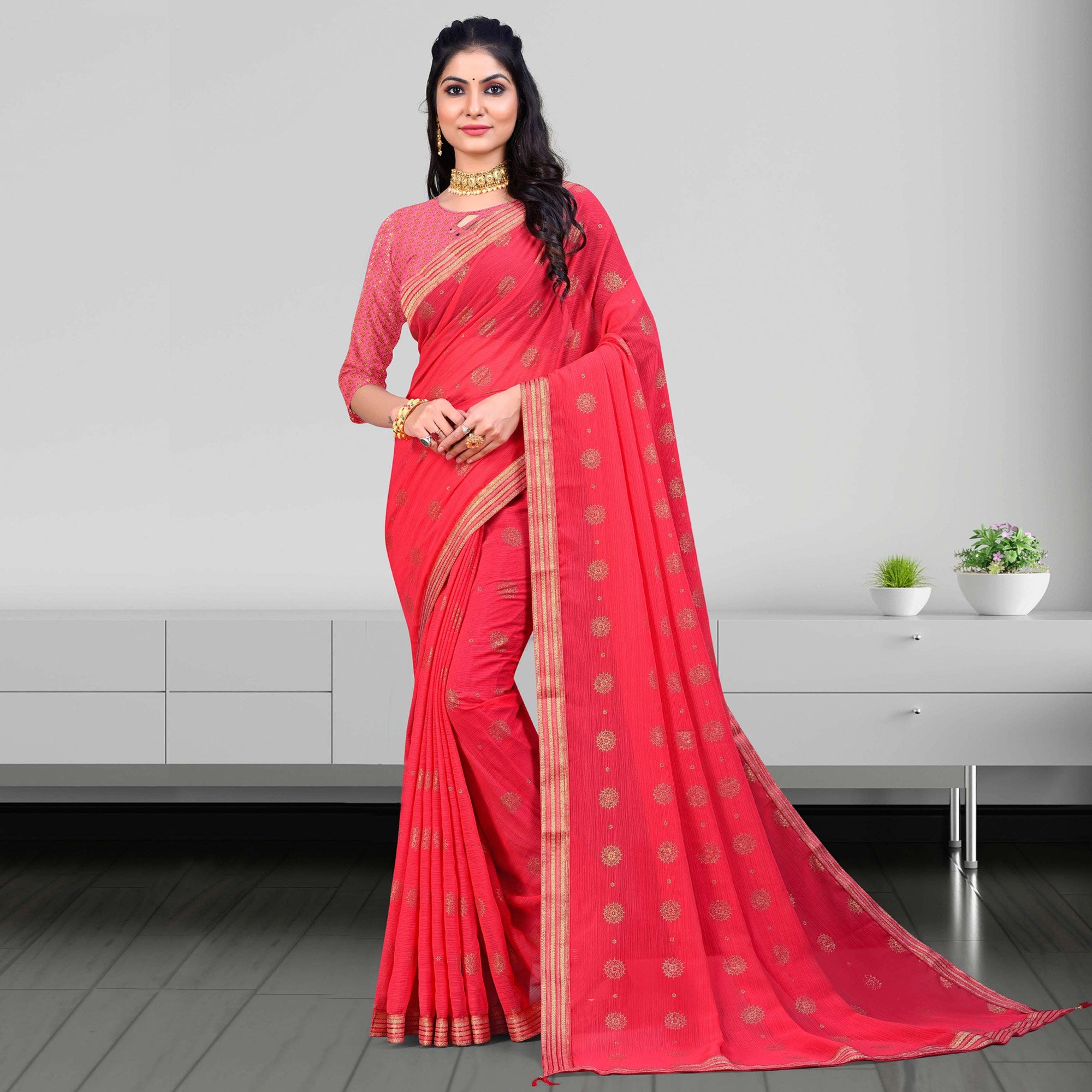 Pink Woven Chiffon Saree