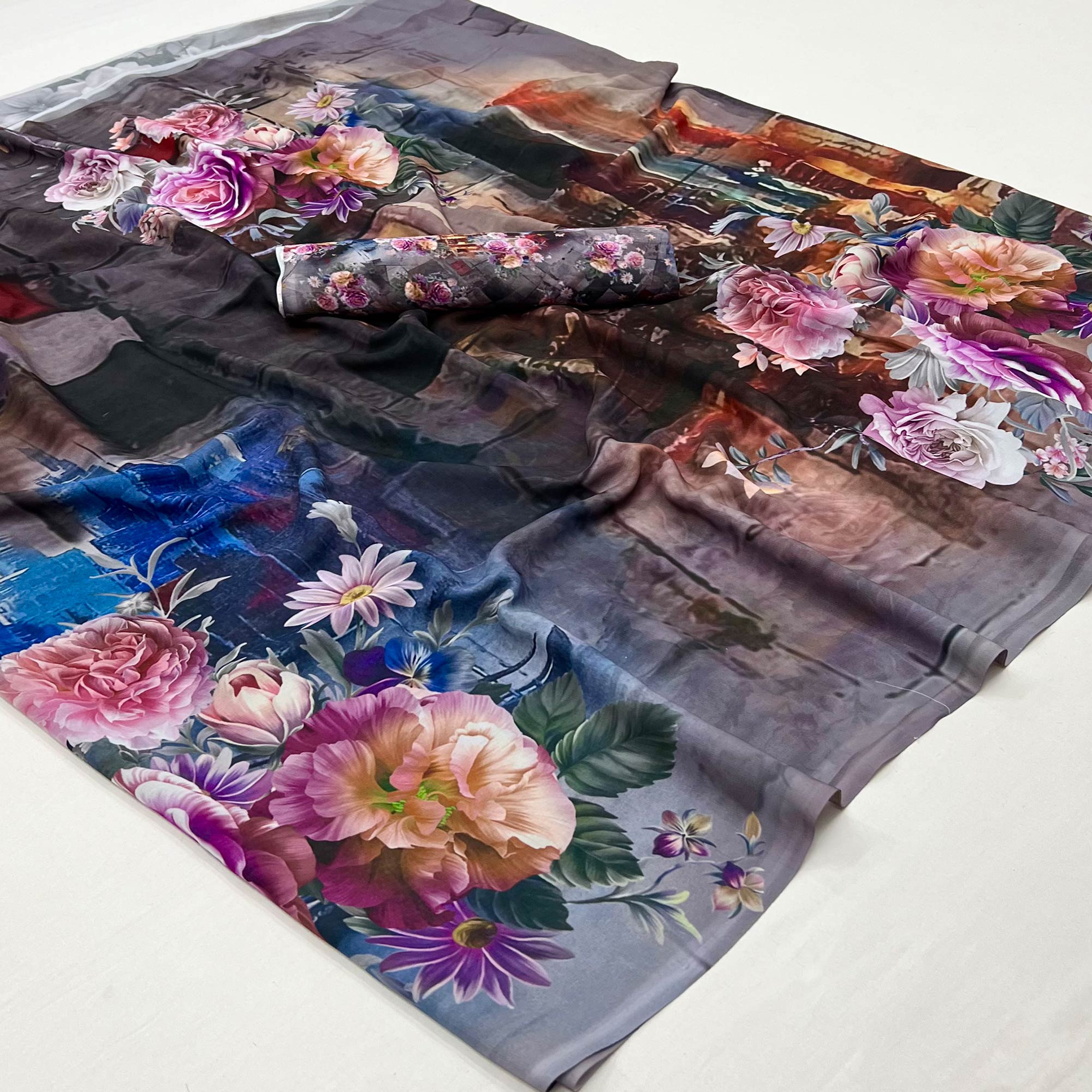 Multicolor Digital Floral Printed Georgette Saree