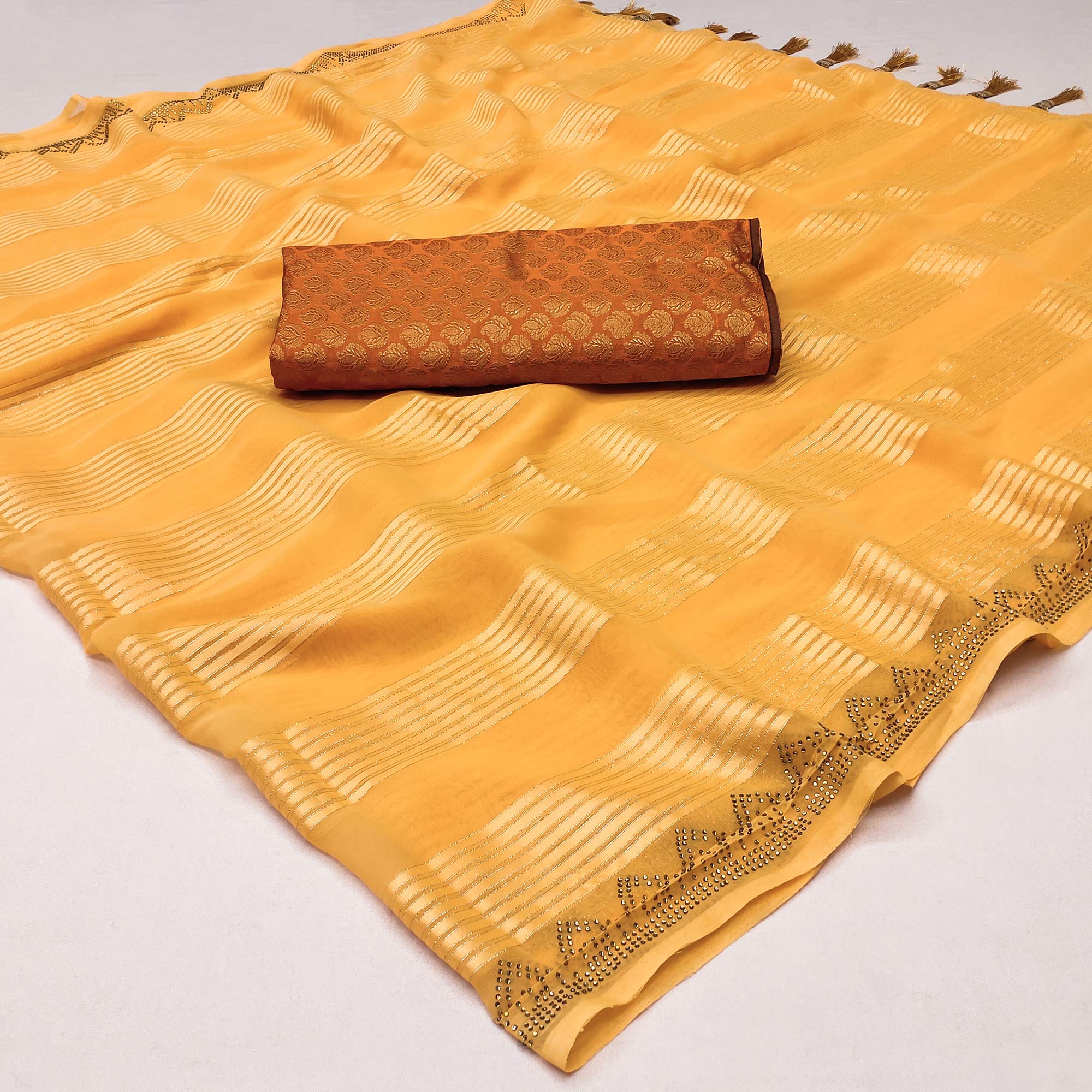 Yellow Striped With Stone Work Georgette Saree