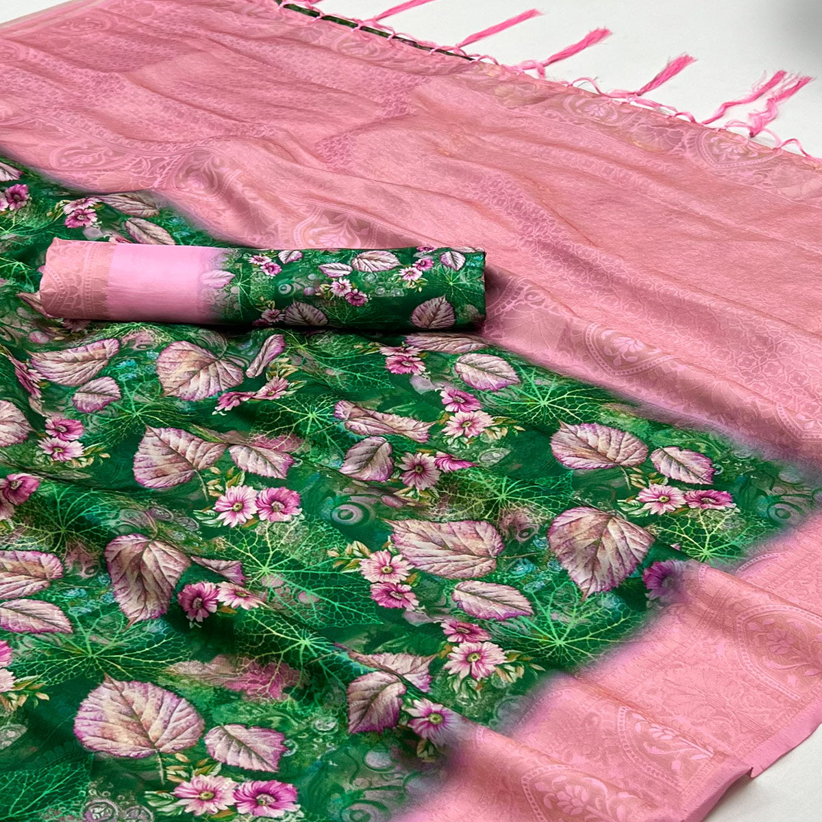 Green & Pink Floral Digital Printed Jacquard Saree