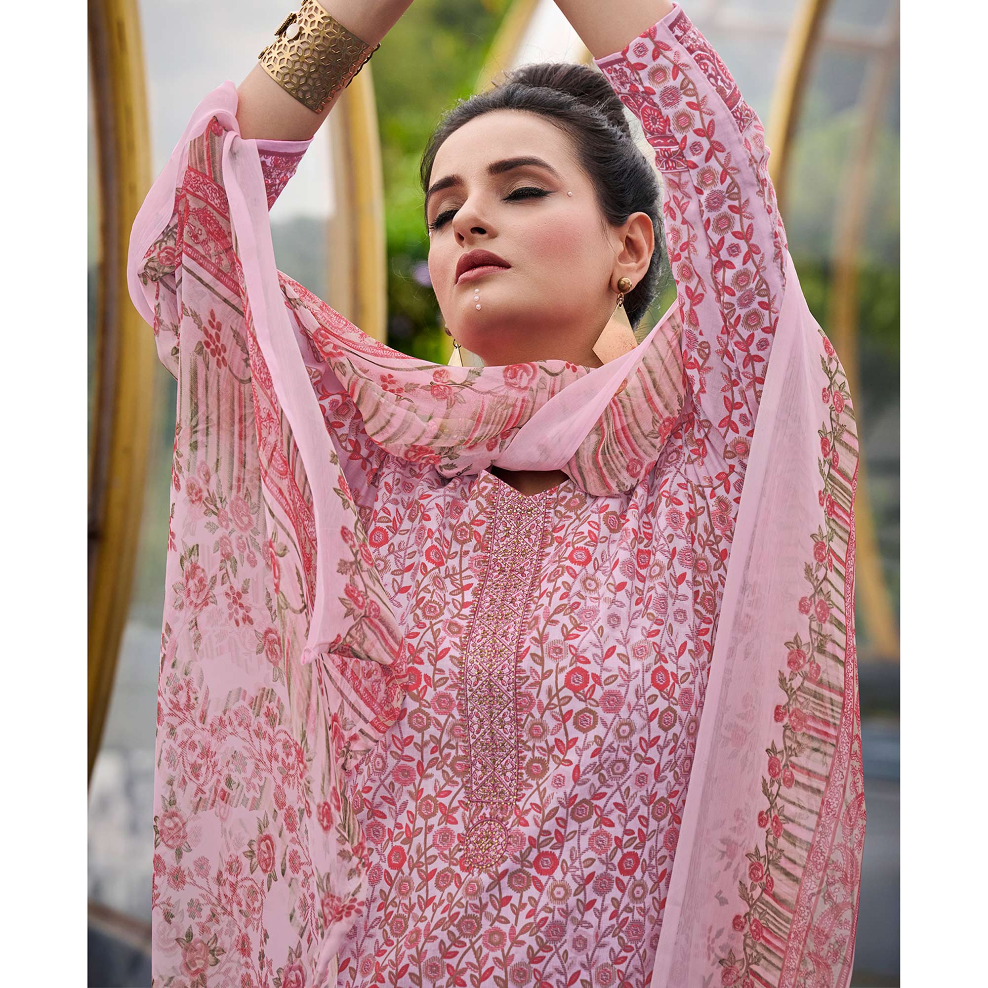 Pink Printed With Embroidered Pure Cotton Salwar Suit