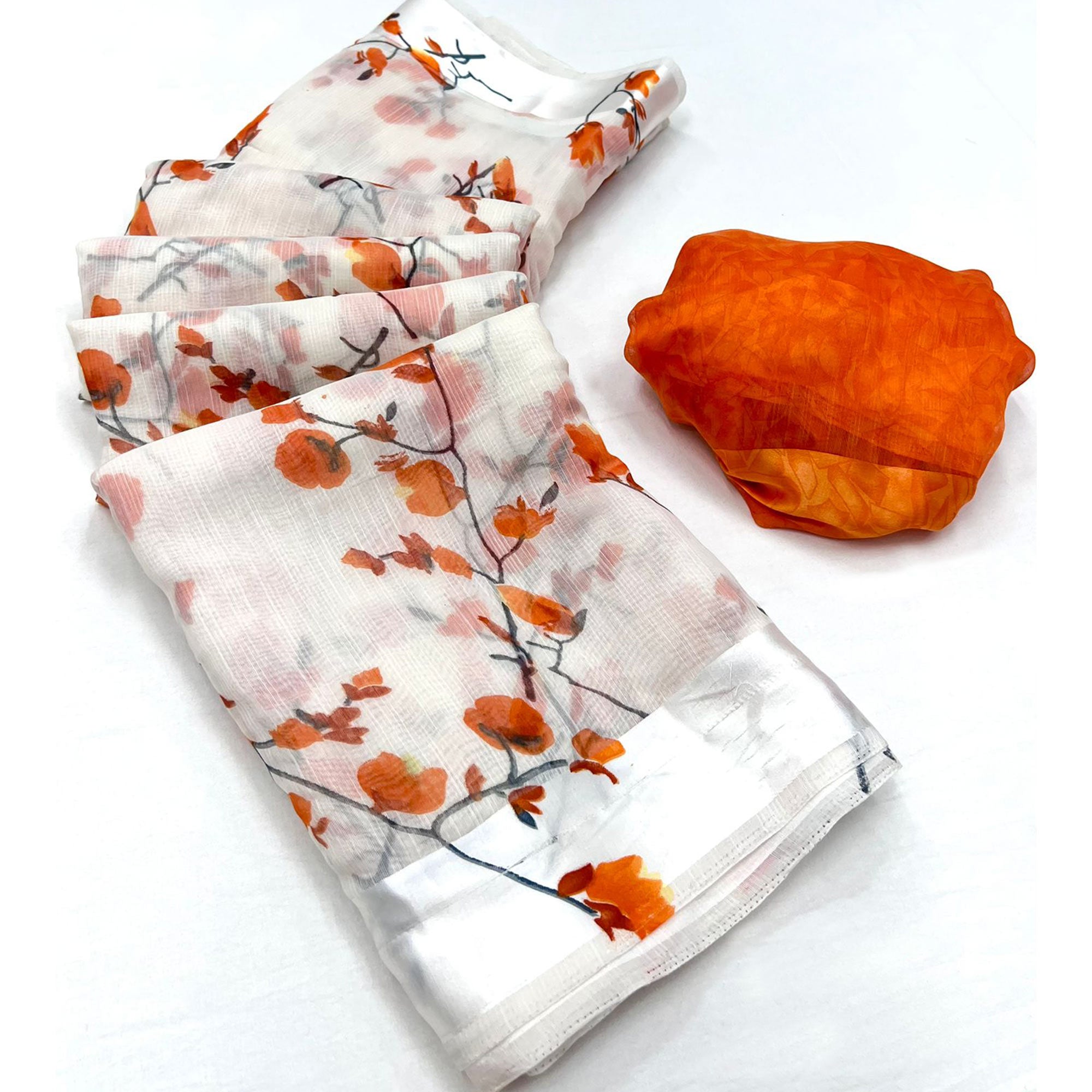White Orange Floral Printed Linen Saree