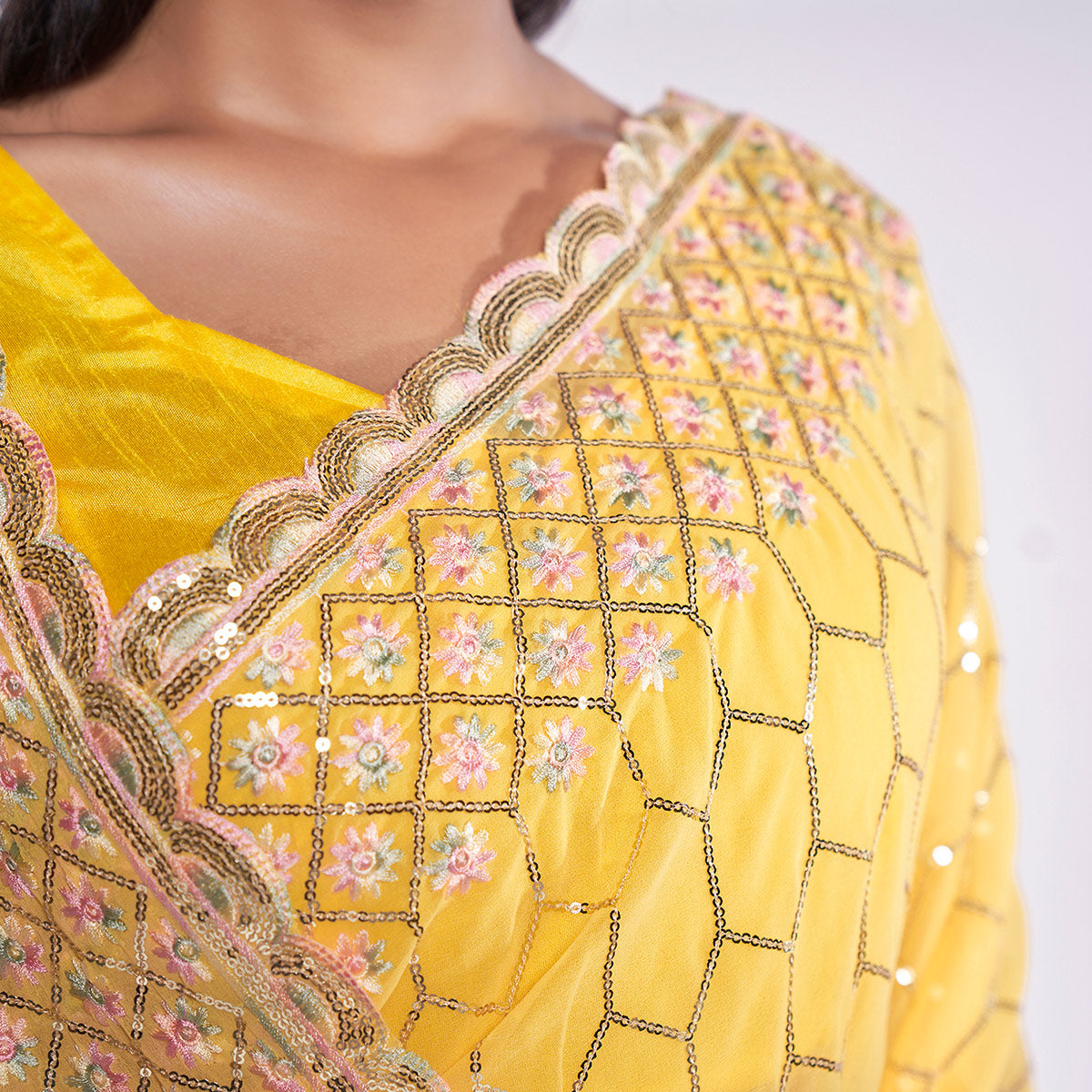 Yellow Sequins Embroidered Georgette Saree