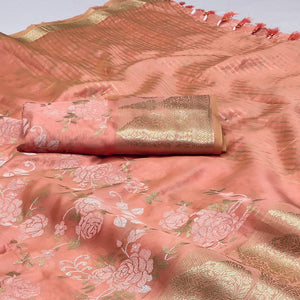 Peach Woven Organza Saree With Tassels