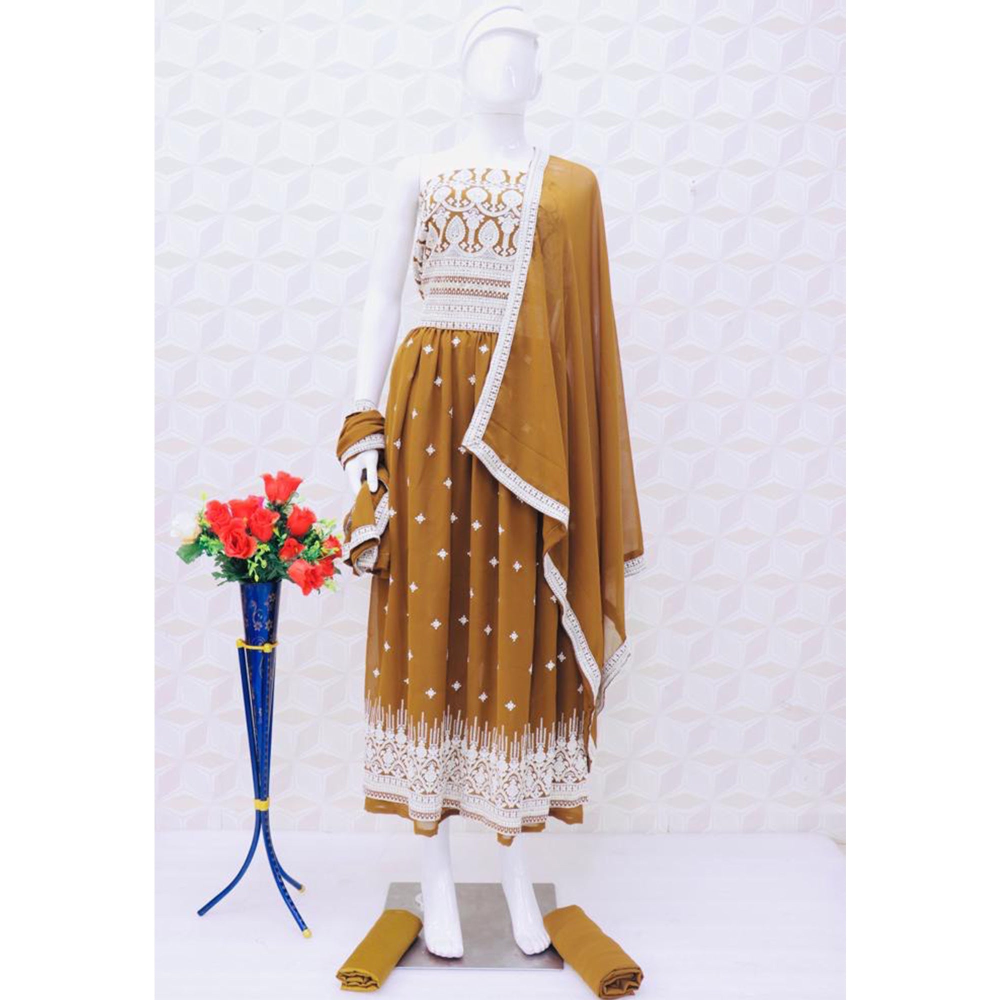 Golden Brown Sequins Embroidered Georgette Semi Stitched Naira Cut Palazzo Suit