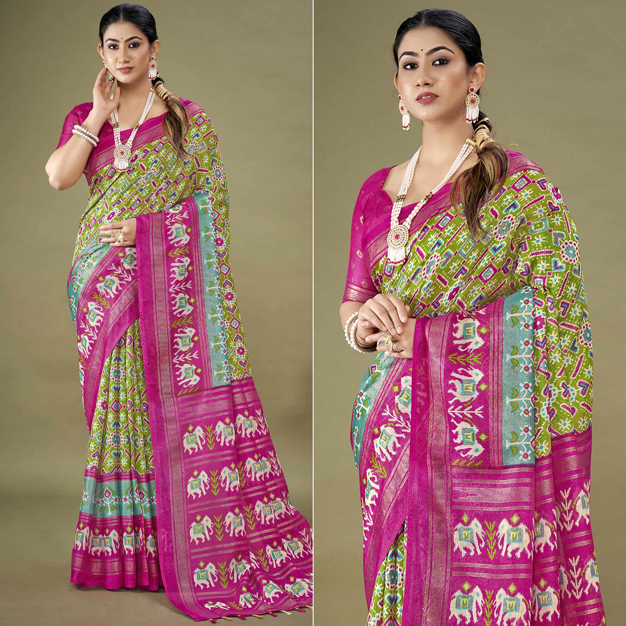 Green Printed Jute Patola Saree