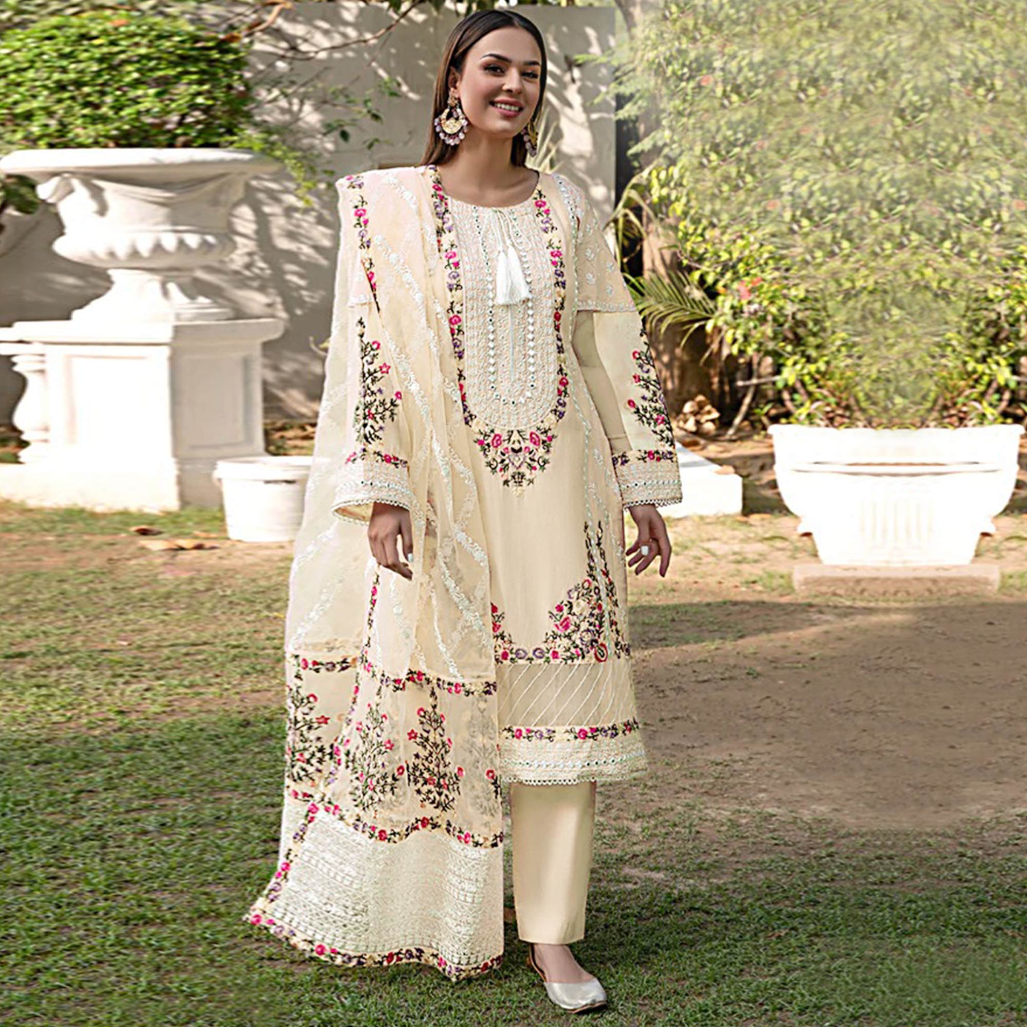 Cream Floral Embroidered Georgette Palazzo Suit