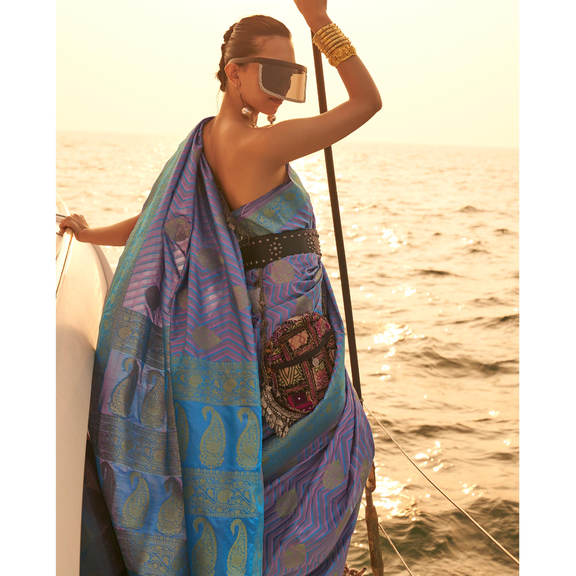 Violet & Light Blue Woven Satin Saree With Tassels