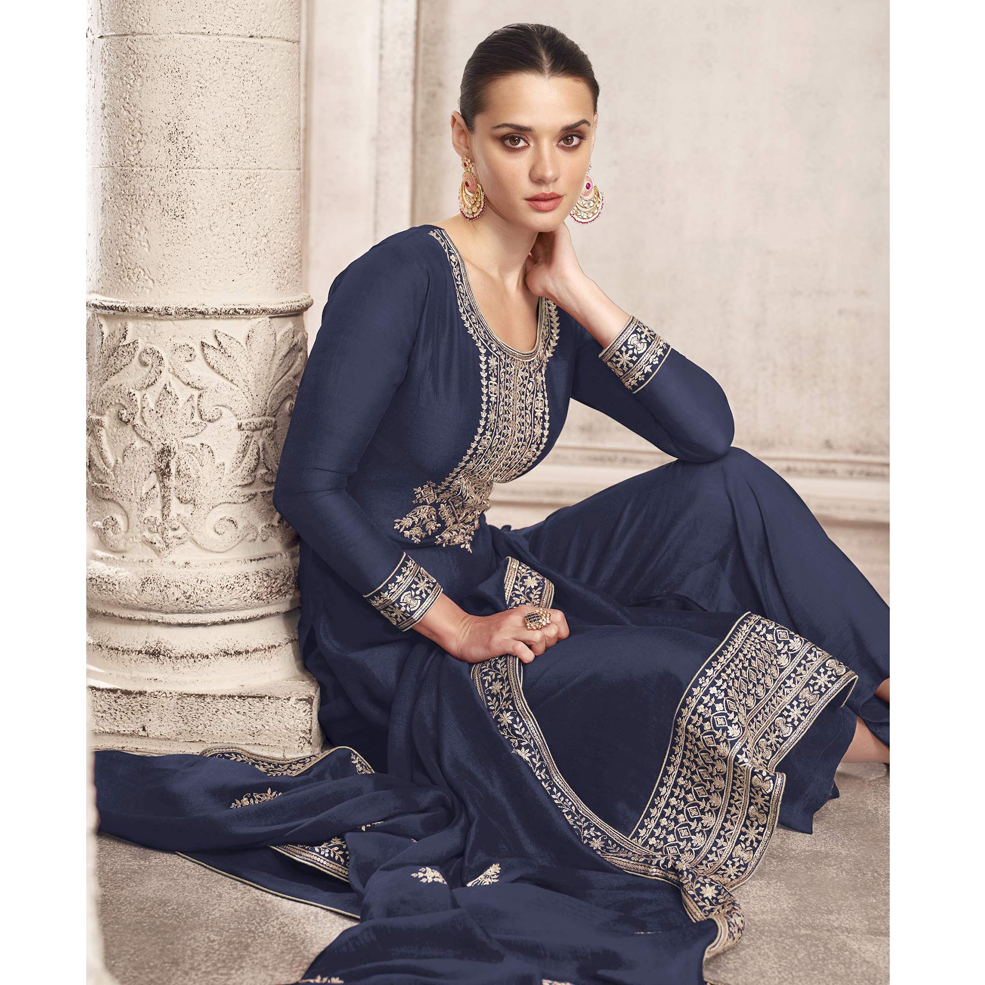 Navy Blue Embroidered Dola Silk Salwar Suit