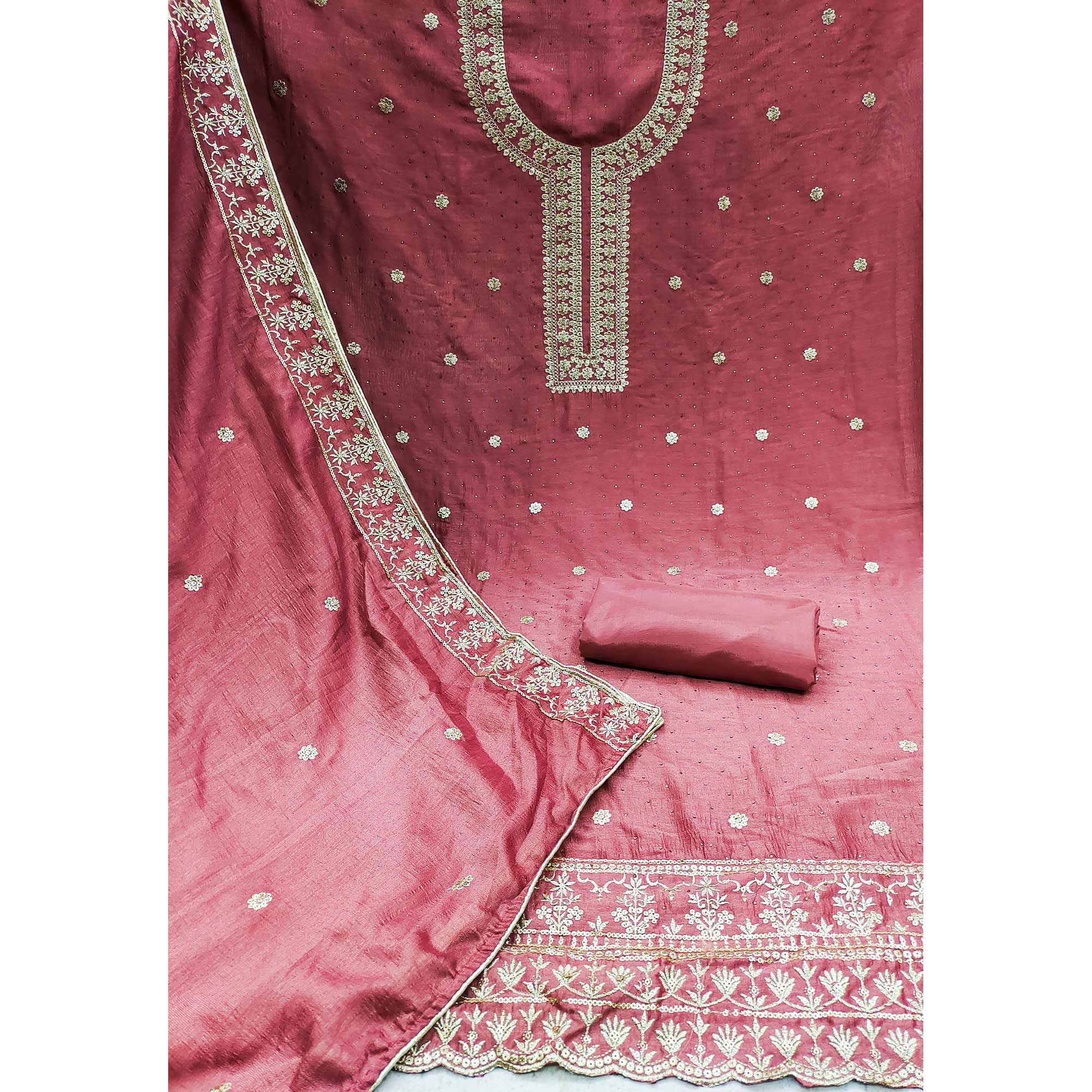 Pink Floral Embroidered Modal Dress Material