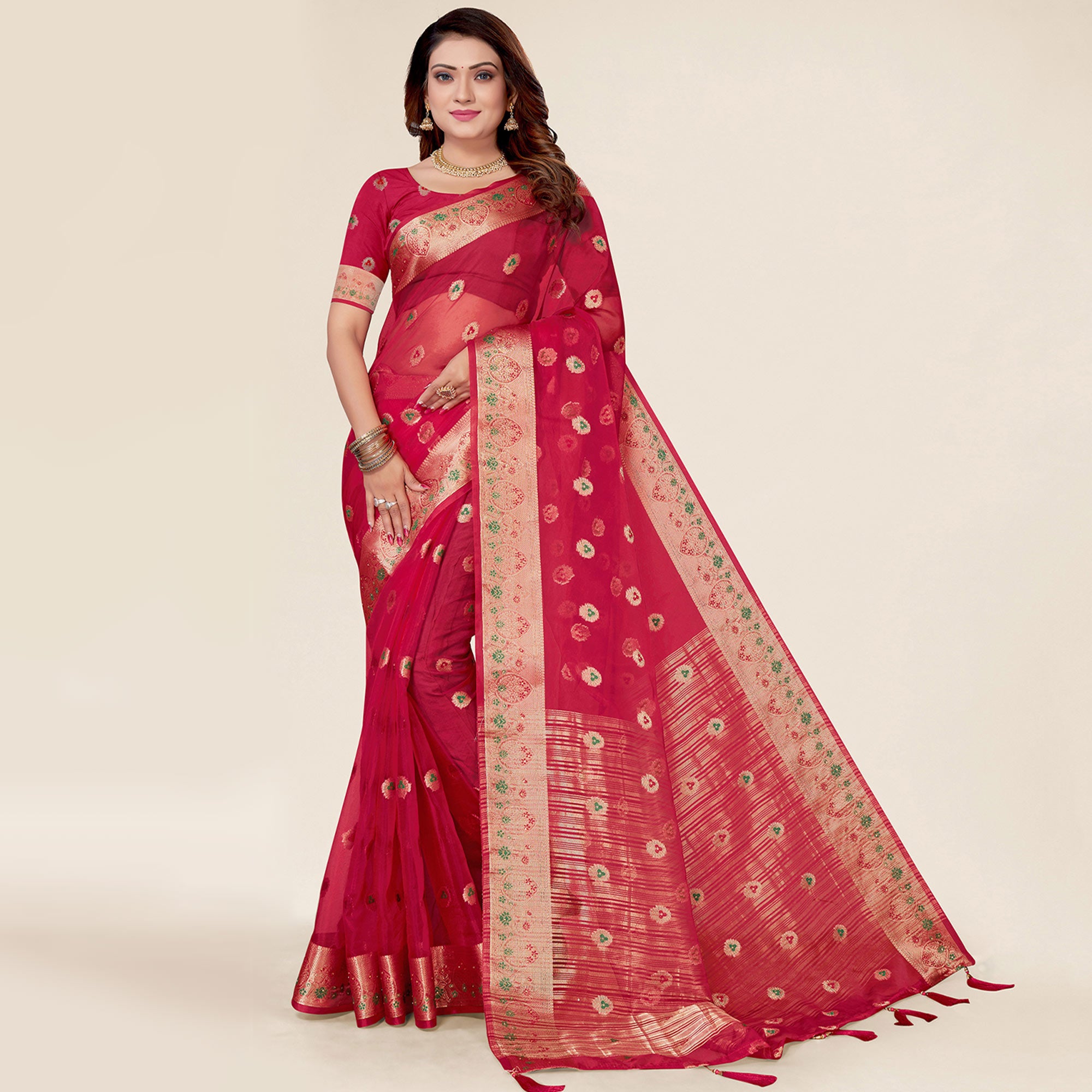 Pink Woven Organza Saree With Tassels