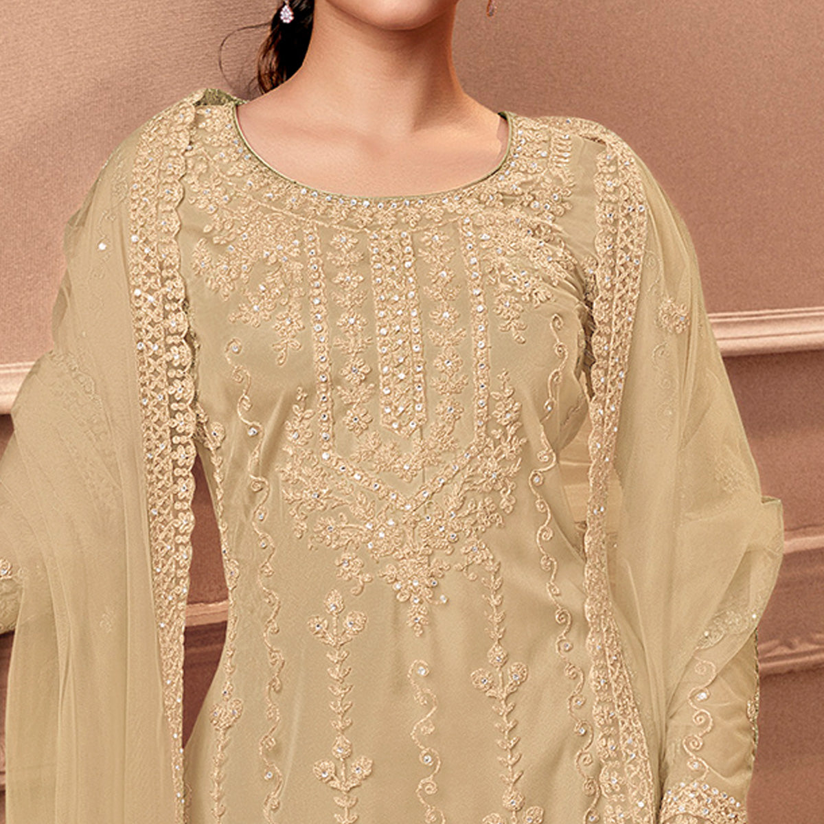 Beige Floral Embroidered Netted Pakistani Suit