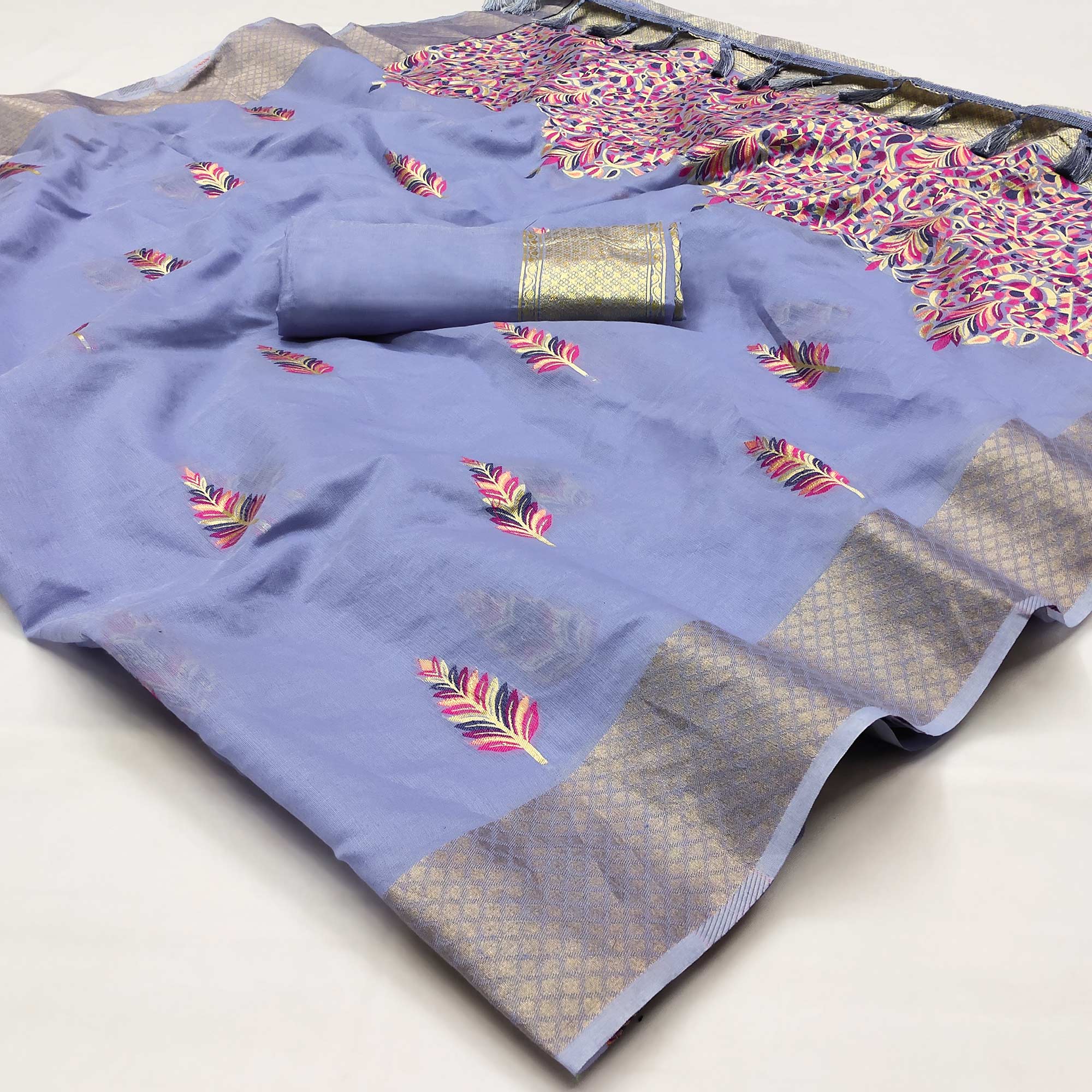 Light Purple Woven Art Silk Saree With Tassels
