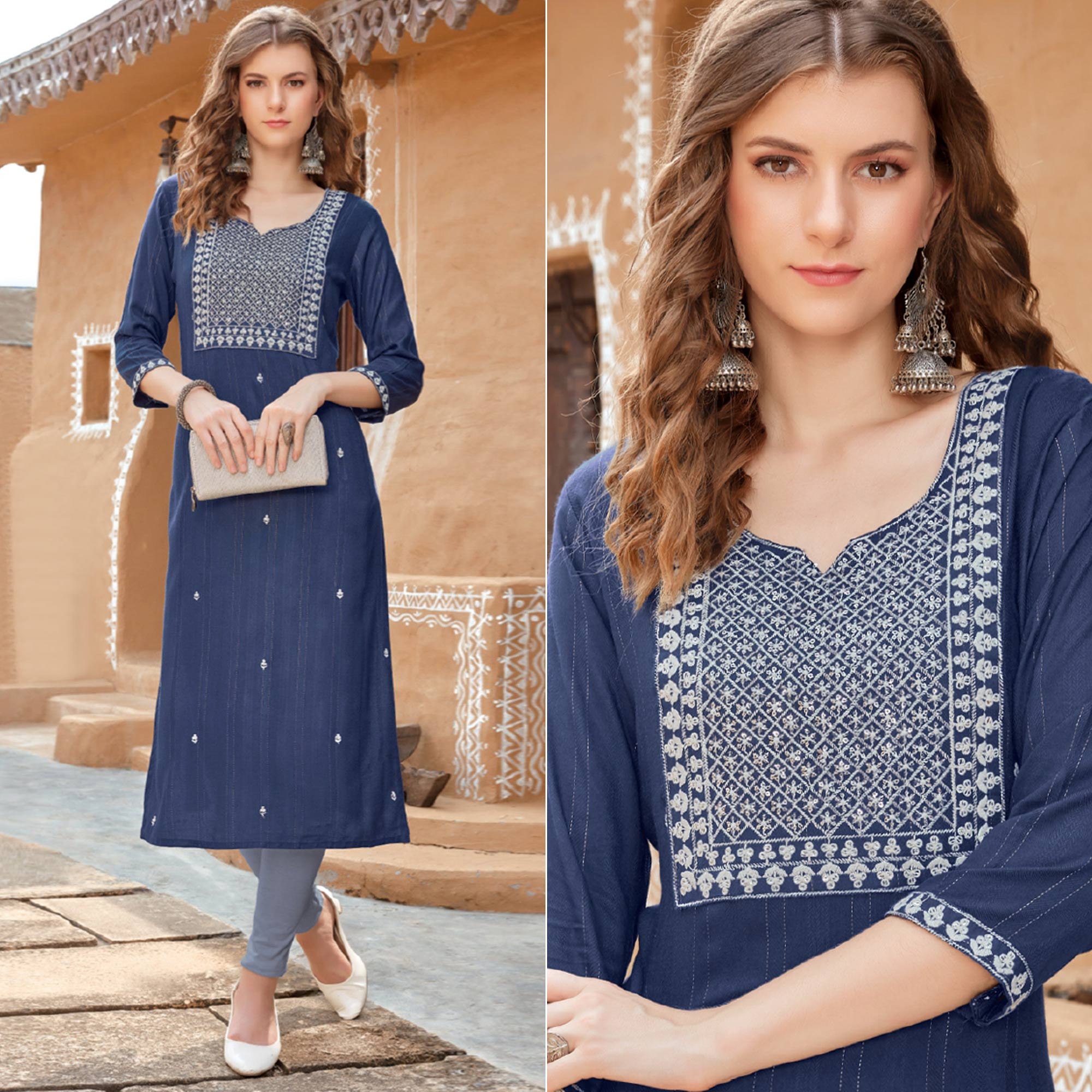 Blue Floral Embroidered Rayon Kurti