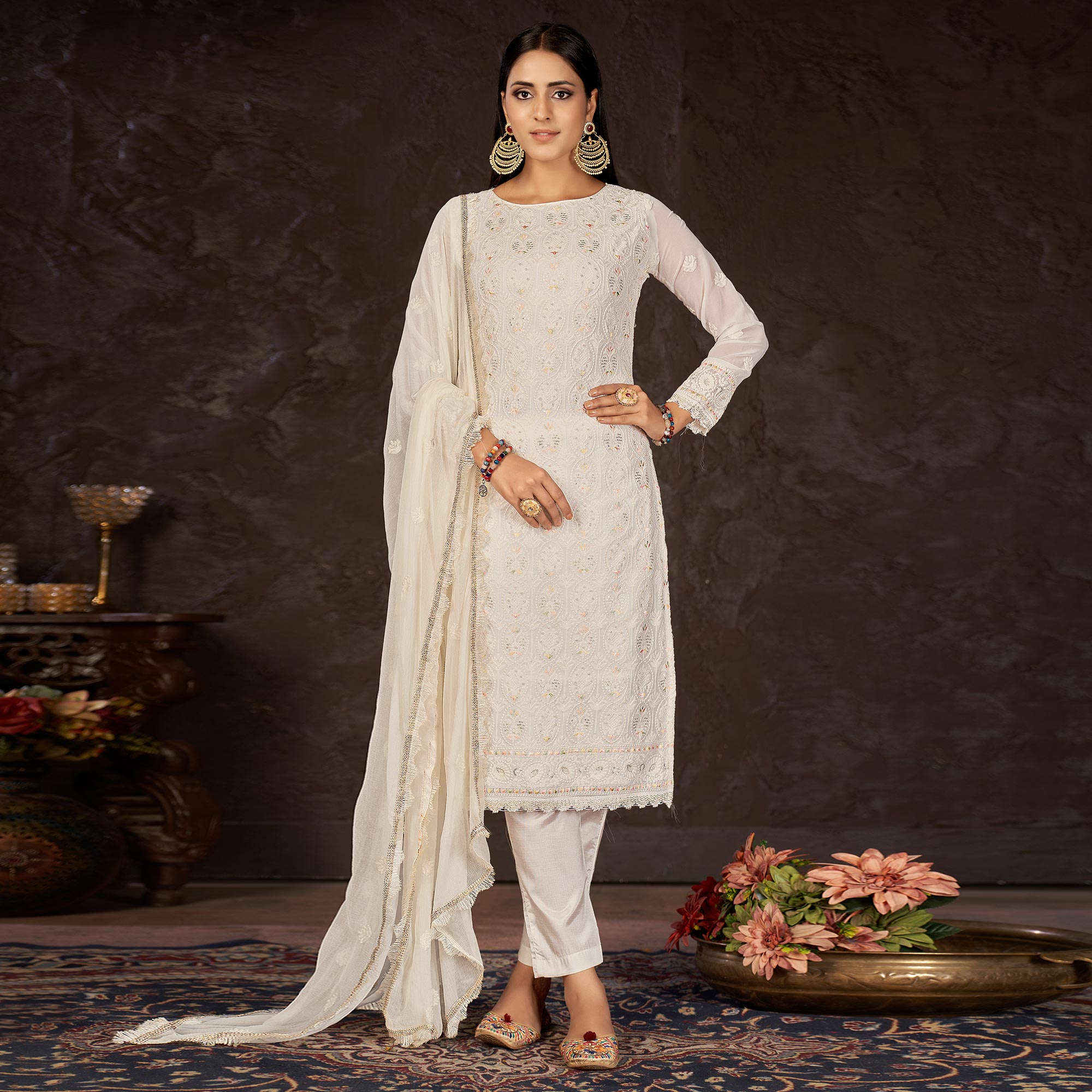 White Lucknowi Embroidered Georgette Suit