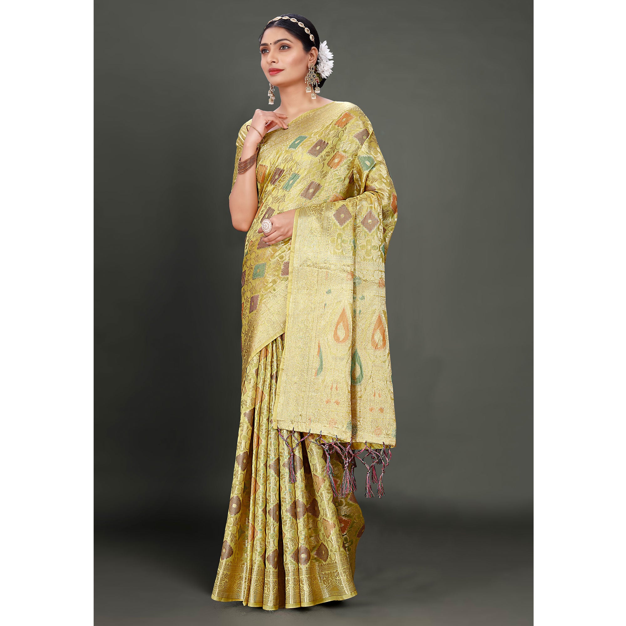 Lemon Green Woven Organza Saree With Tassels