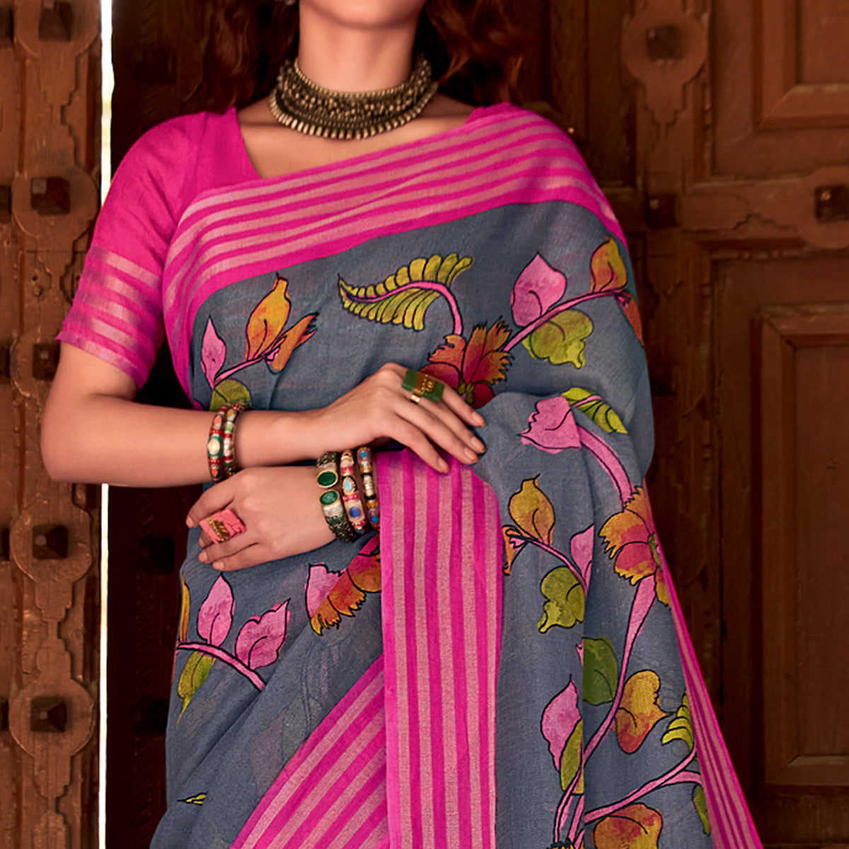 Grey Floral Printed Linen Saree