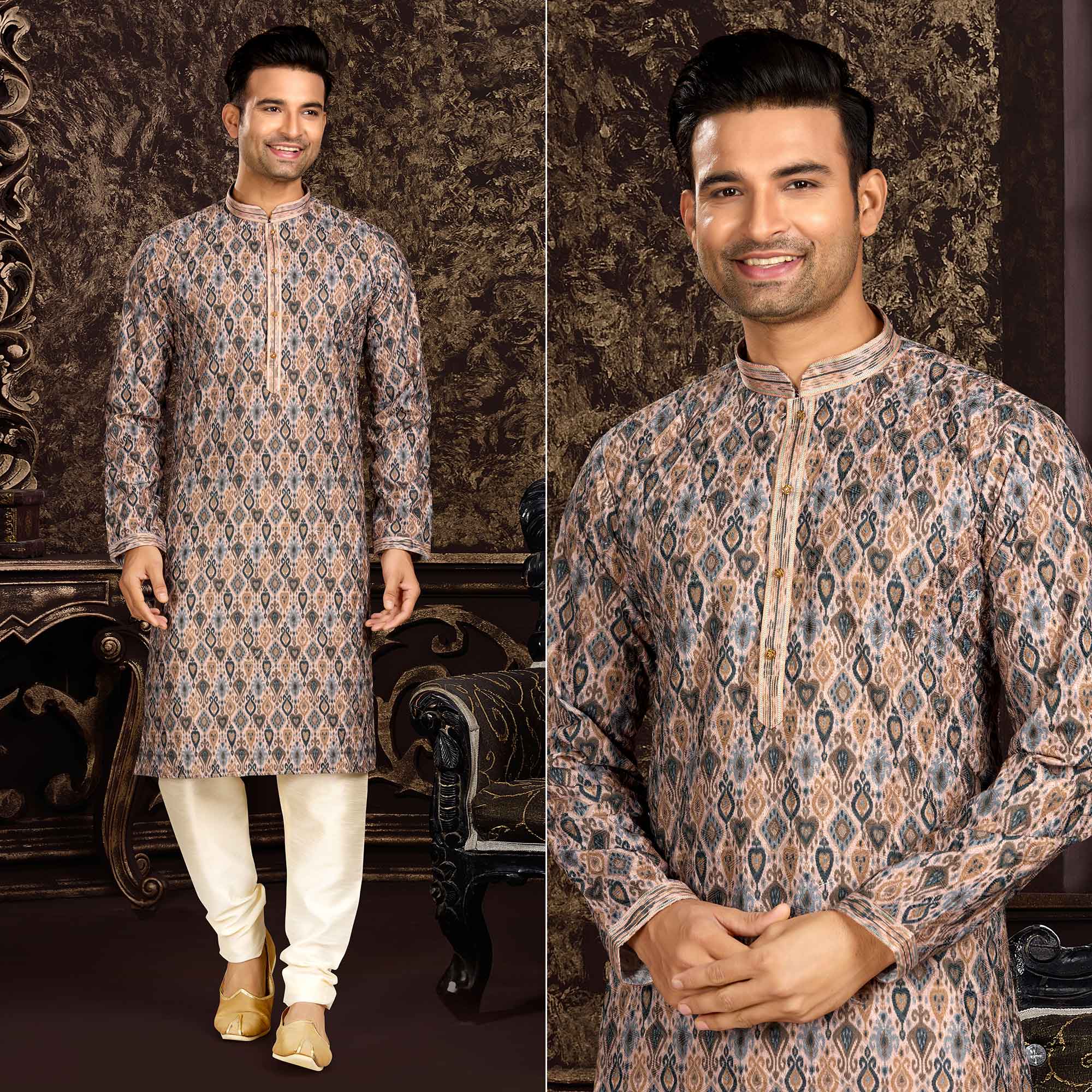 Grey Lucknowi And Digital Printed Cotton Kurta Pyjama Set