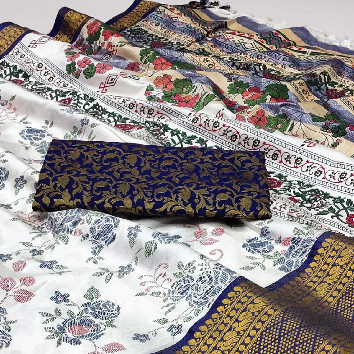White And Navy Blue Floral Printed With Woven Cotton Silk Saree