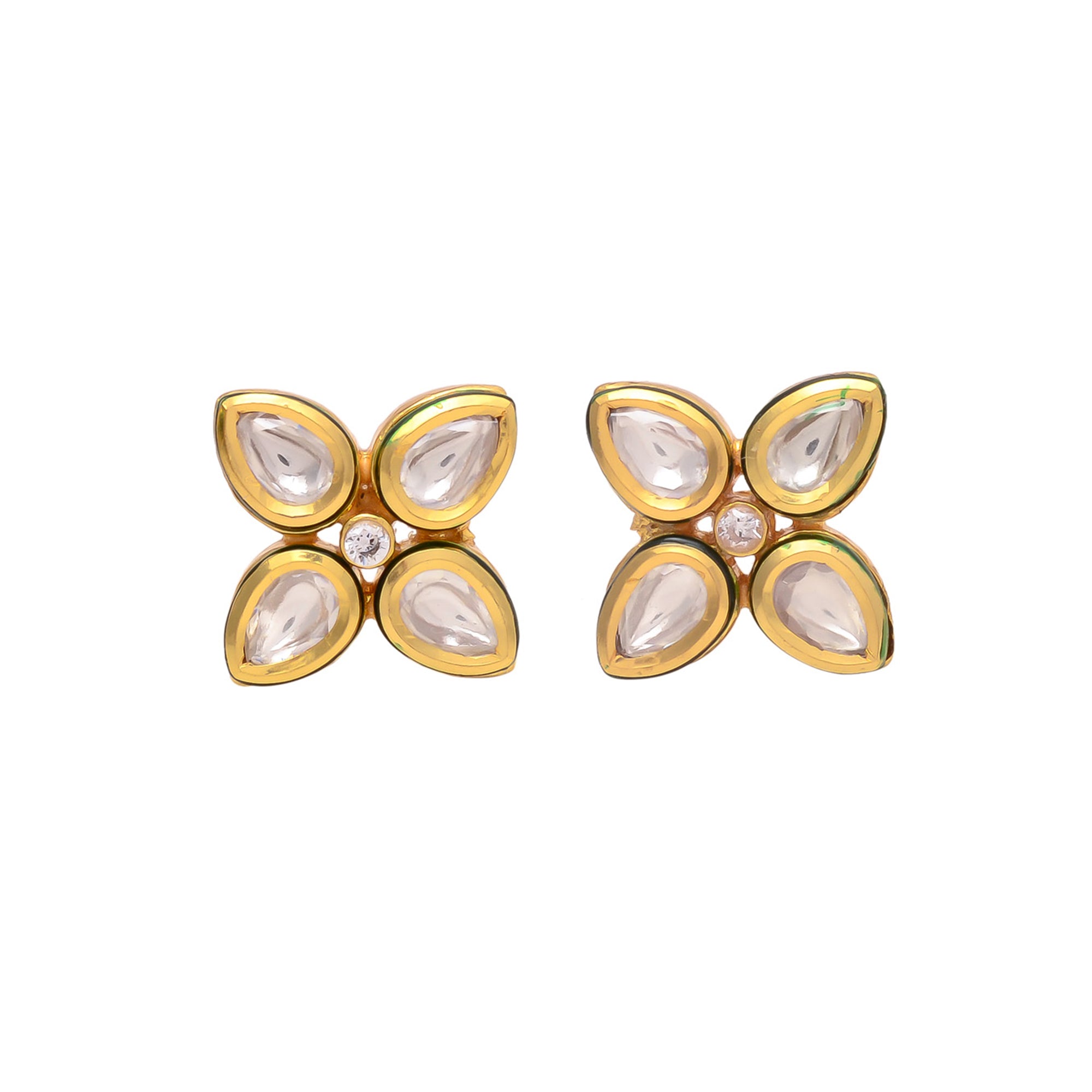 Gold Polish Floral Kundan Stud Earrings
