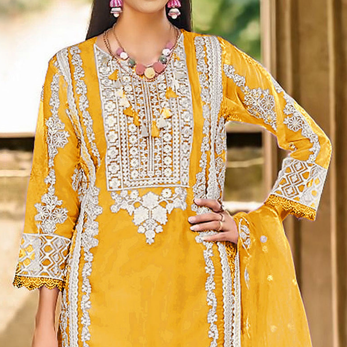 Yellow Floral Embroidered Organza Pakistani Suit