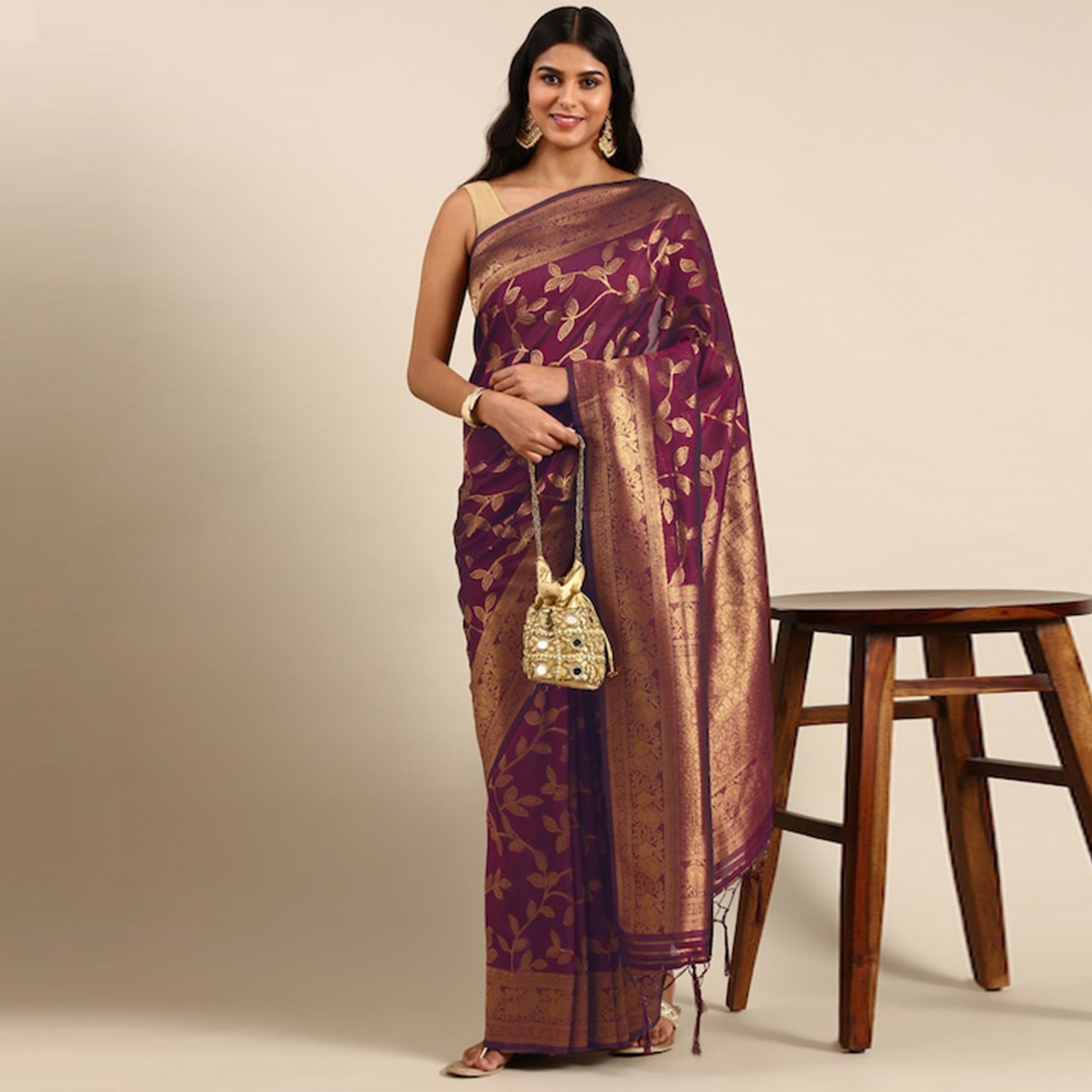 Purple Woven Kanjivaram Silk Saree WithTassels