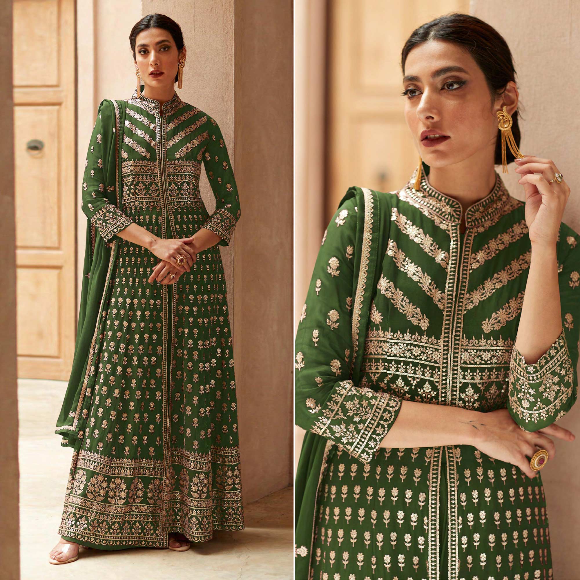 Green Sequins Embroidered Georgette Palazzo Suit