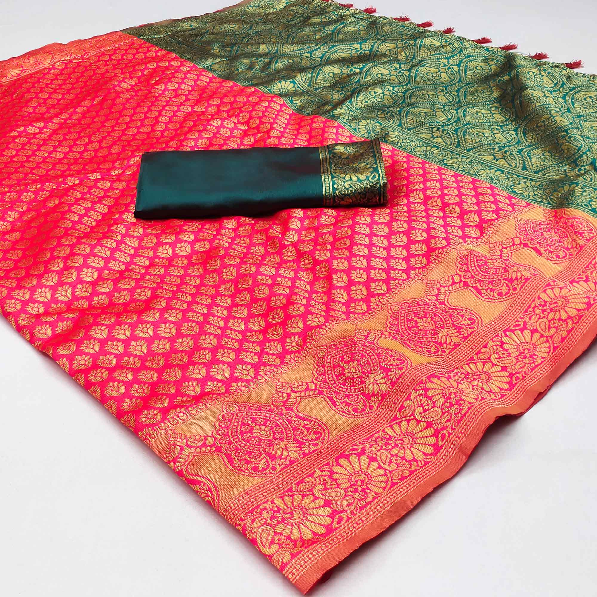 Pink Woven Banarasi Silk Saree With Tassels