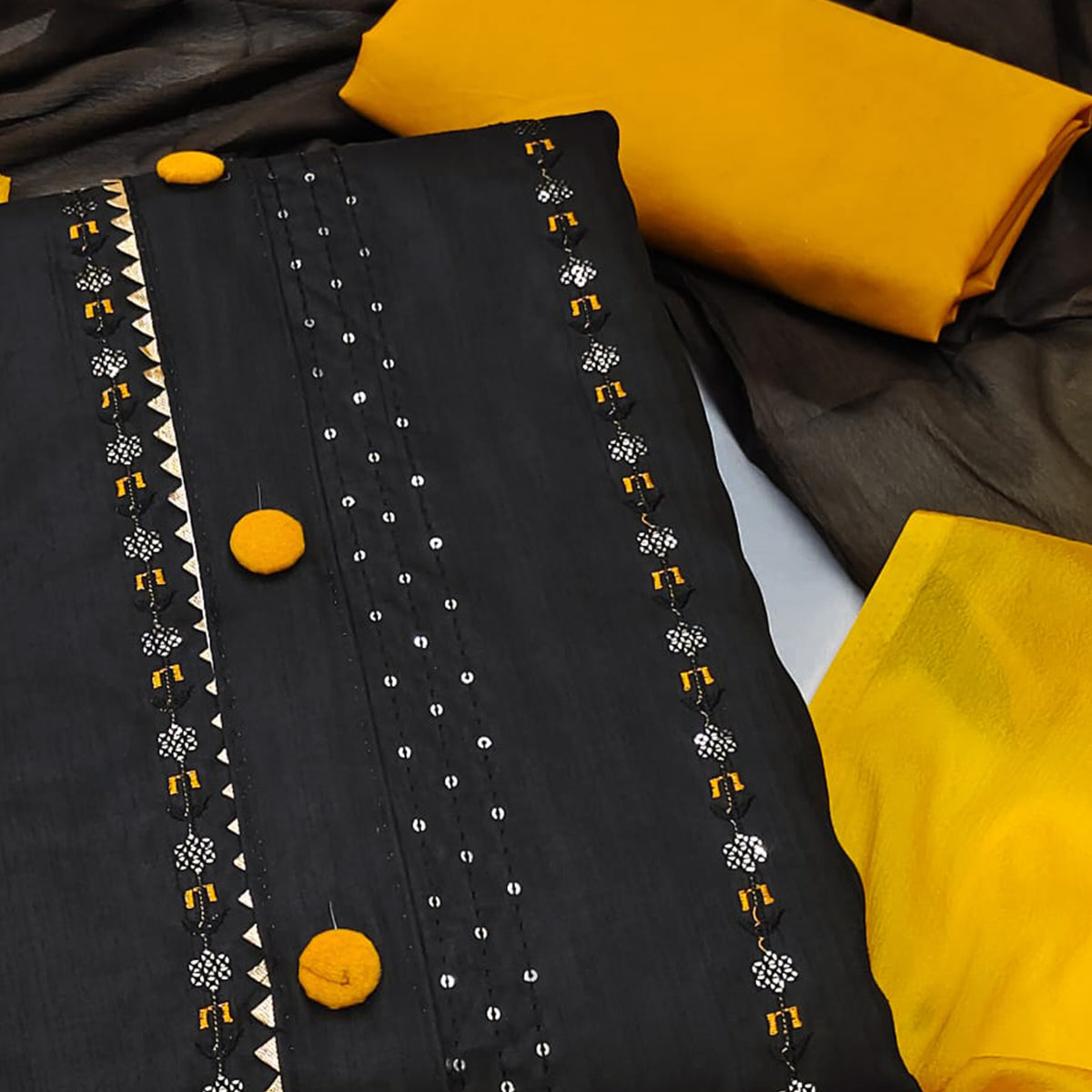 Black Sequins Embroidered Raw Silk Dress Material