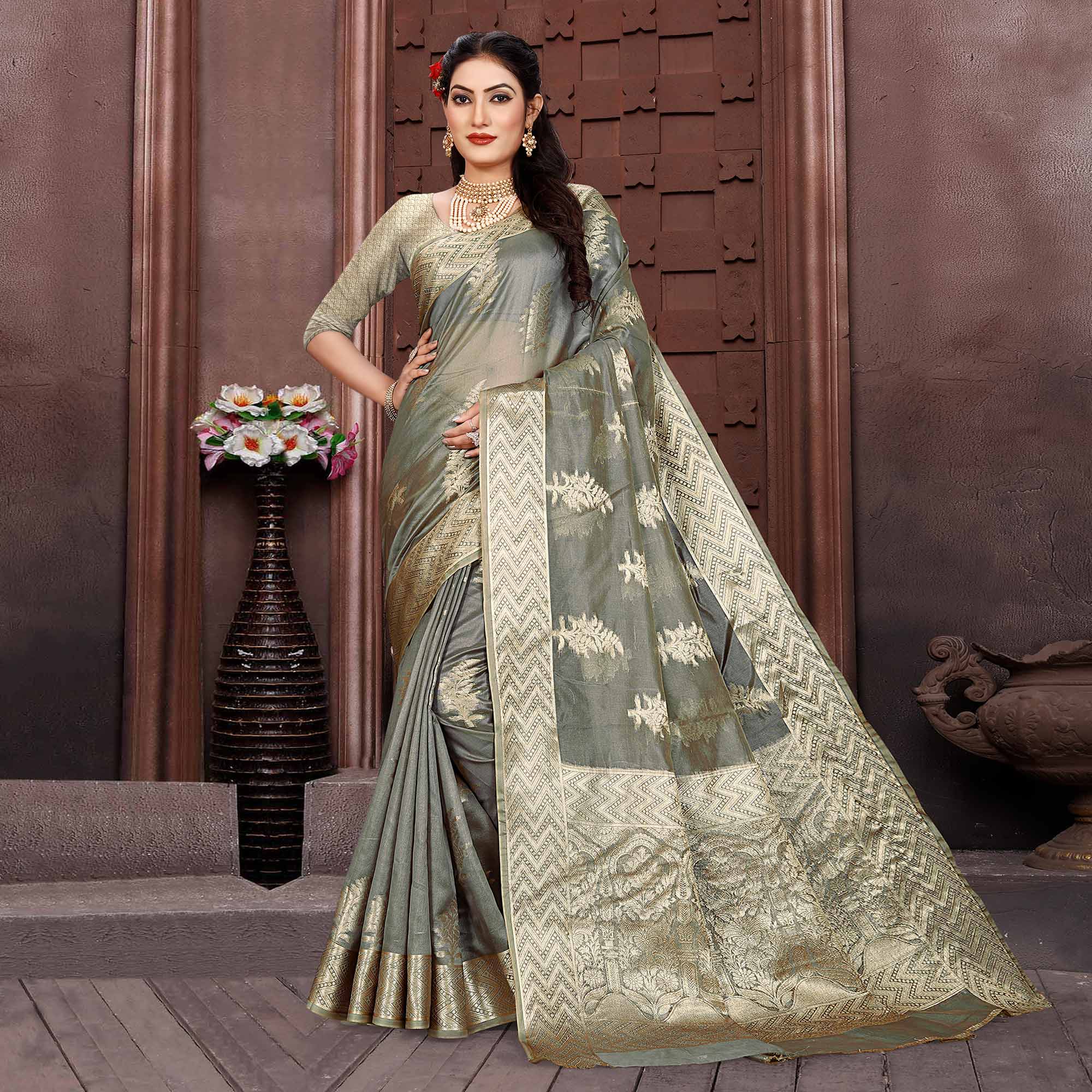 Grey Floral Woven Organza Saree